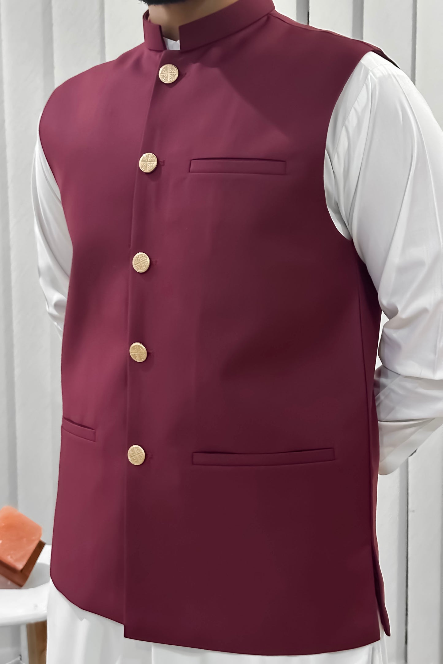 Off White Kurta Shalwar with Maroon Suiting Waistcoat - Straight Cut - Men