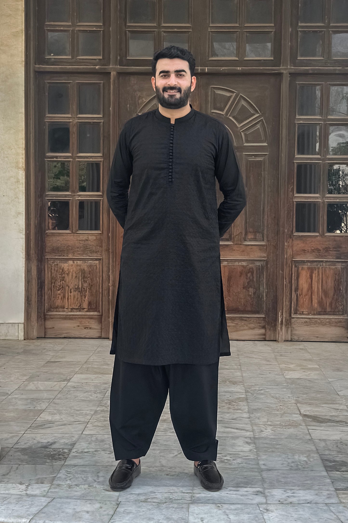 Black Cotton Shalwar Kameez Embroidered Front - Stitched