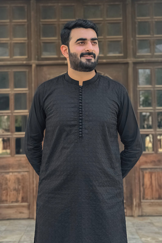 Black Cotton Shalwar Kameez Embroidered Front - Stitched