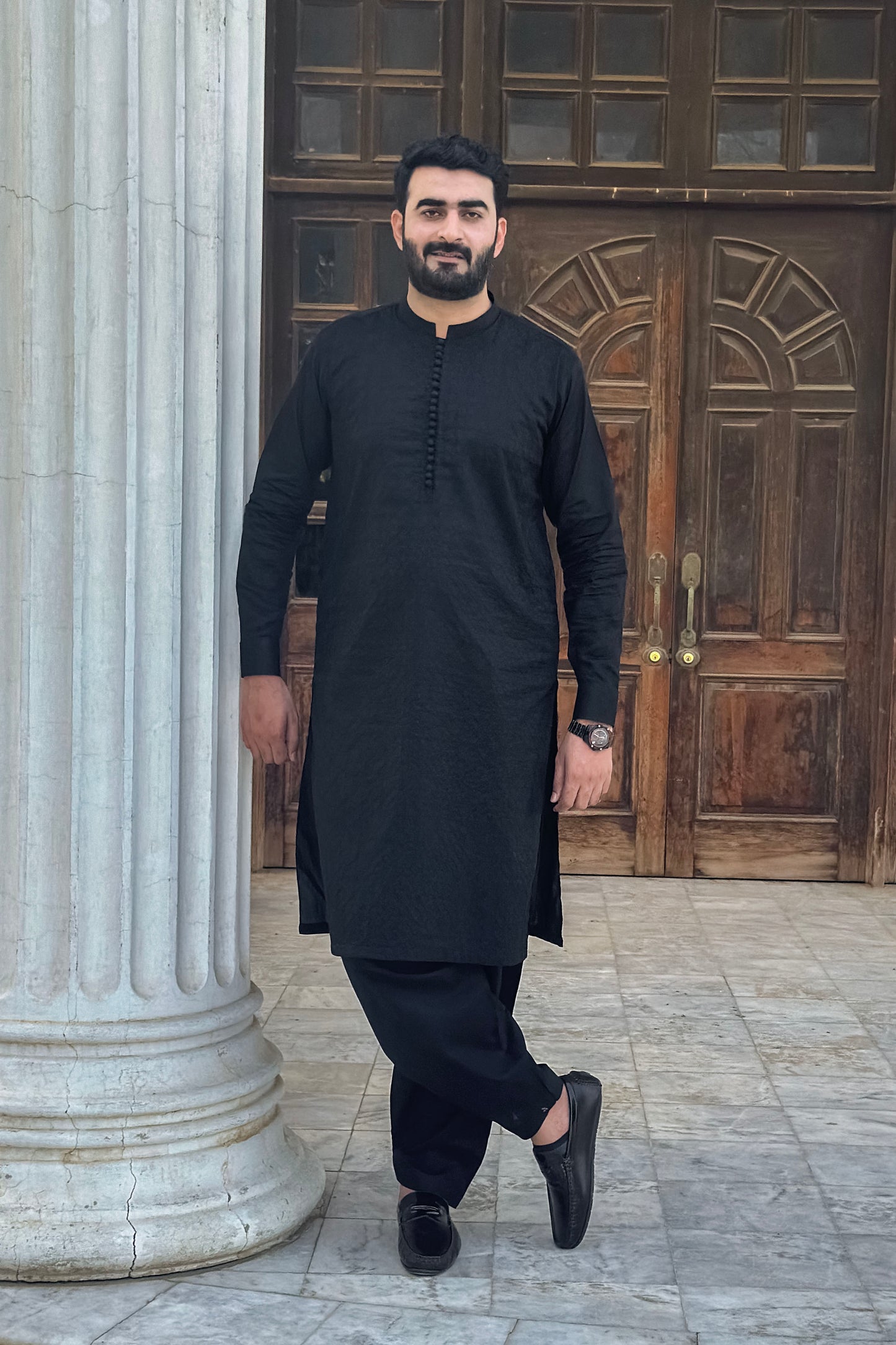 Black Cotton Shalwar Kameez Embroidered Front - Stitched