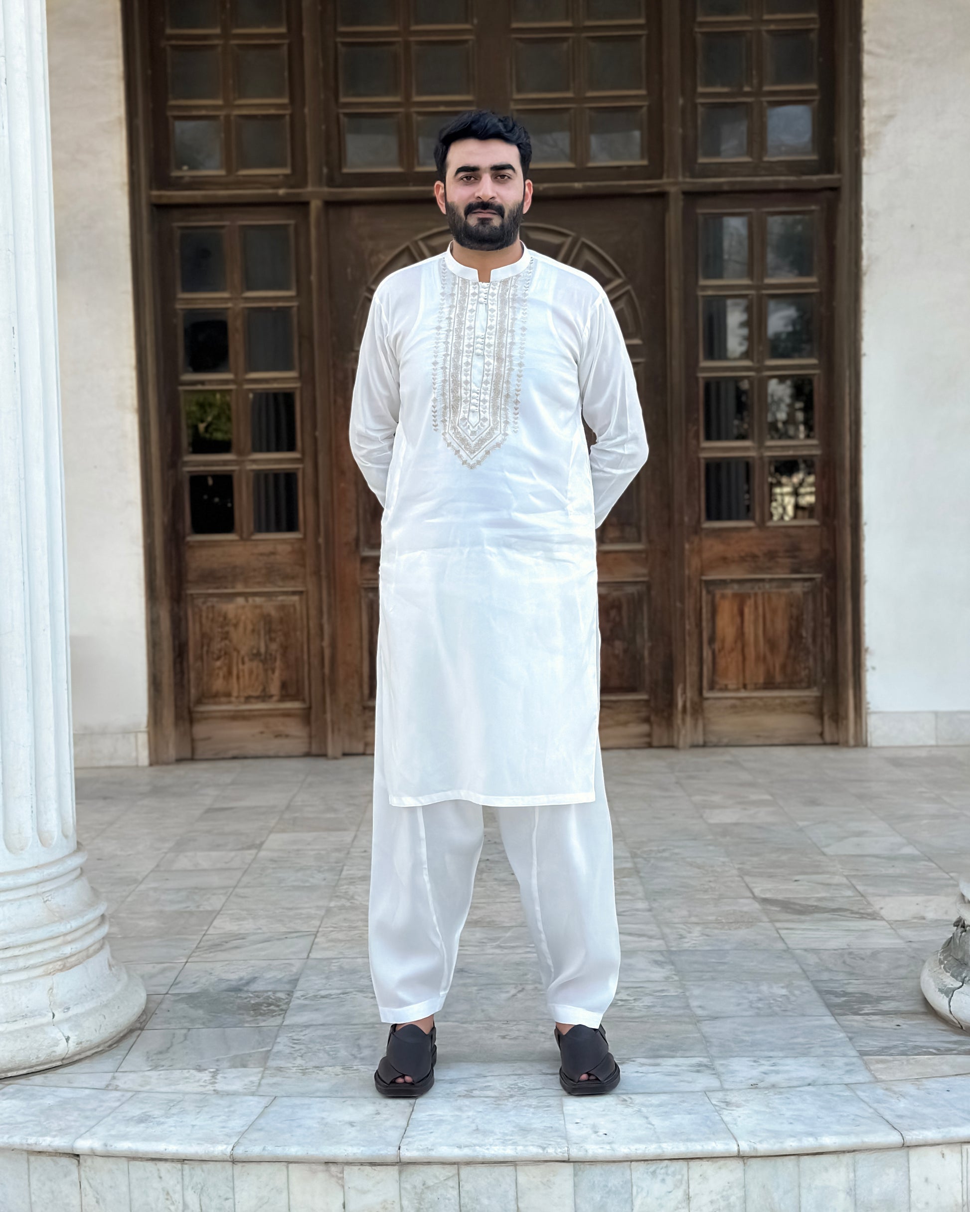 Off White Cotton Shalwar Kameez With Embroidered Chest Gala - Stitched - Mazham