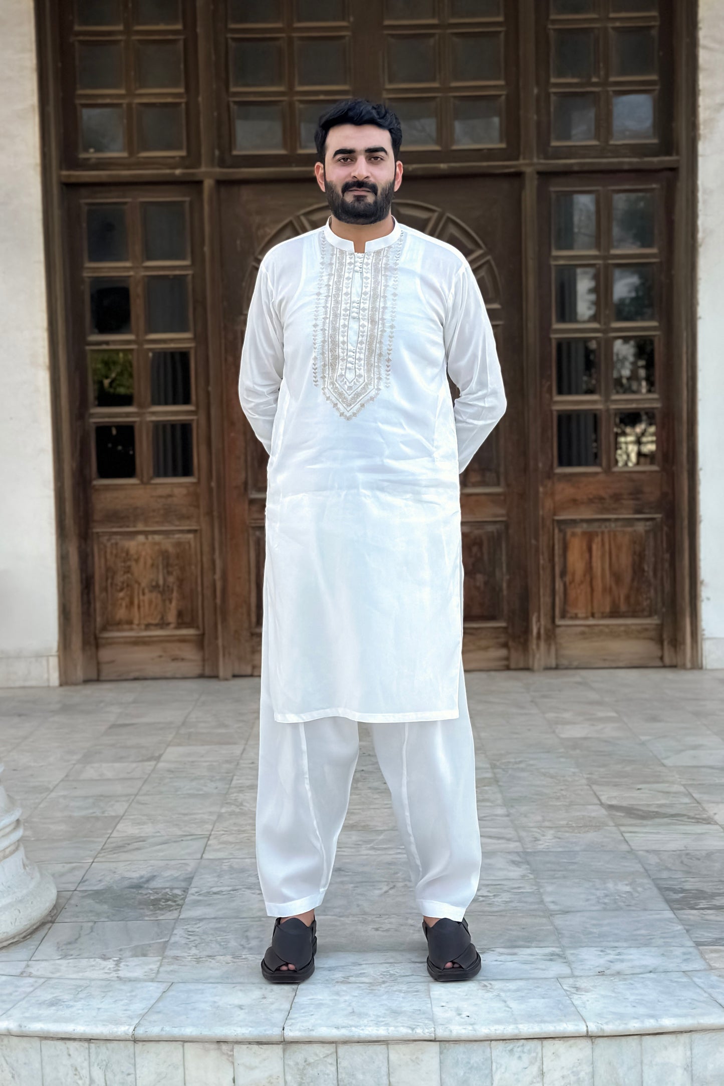 Off White Cotton Shalwar Kameez With Embroidered Chest Gala - Stitched