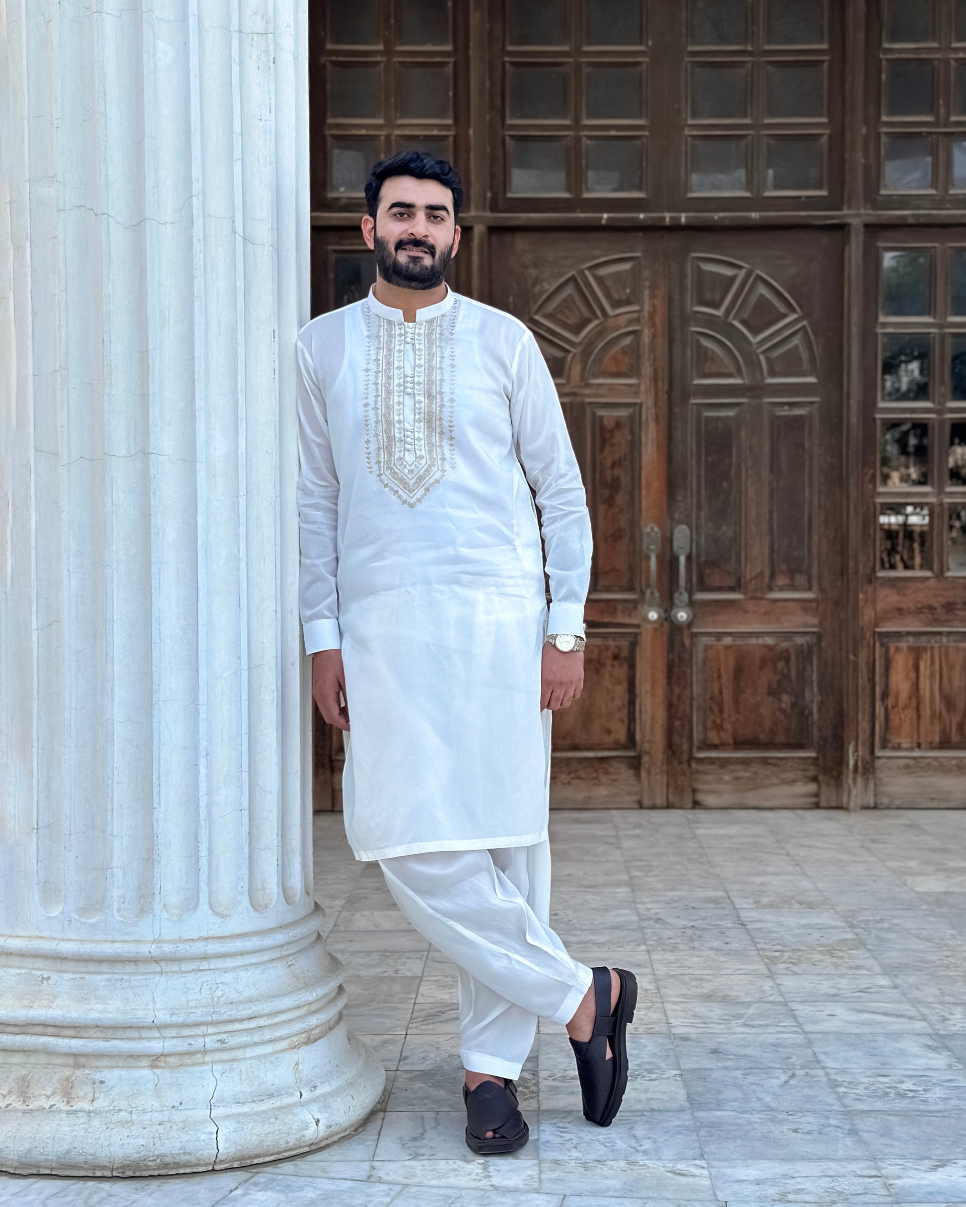 Off White Cotton Shalwar Kameez With Embroidered Chest Gala - Stitched - Mazham