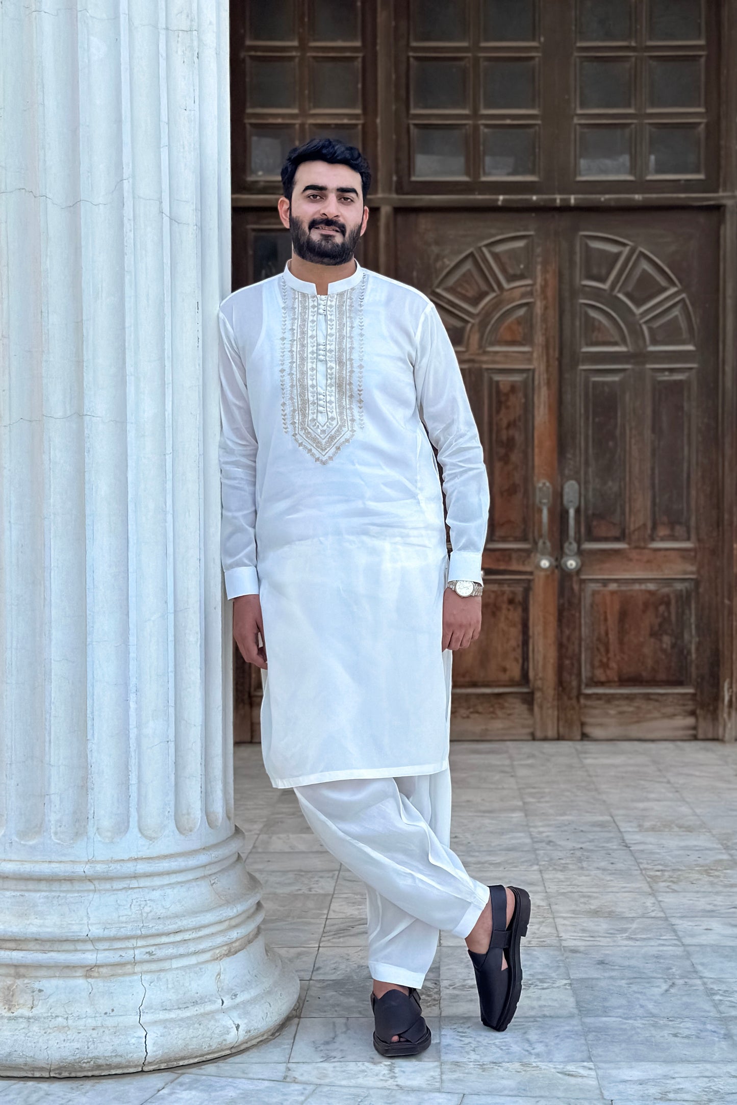 Off White Cotton Shalwar Kameez With Embroidered Chest Gala - Stitched