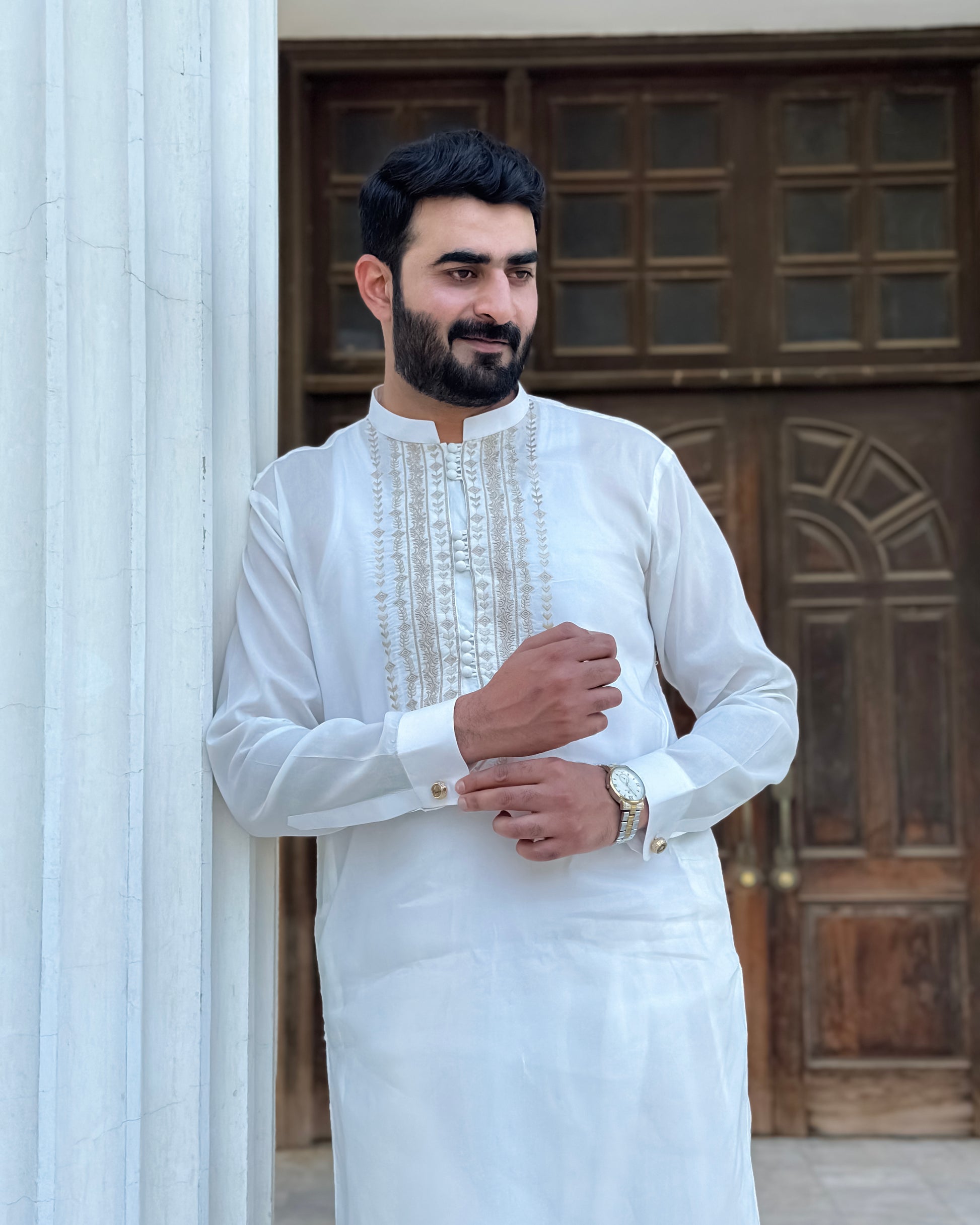 Off White Cotton Shalwar Kameez With Embroidered Chest Gala - Stitched - Mazham