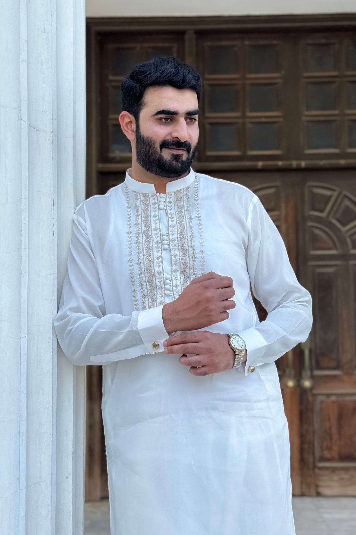 Off White Cotton Shalwar Kameez With Embroidered Chest Gala - Stitched