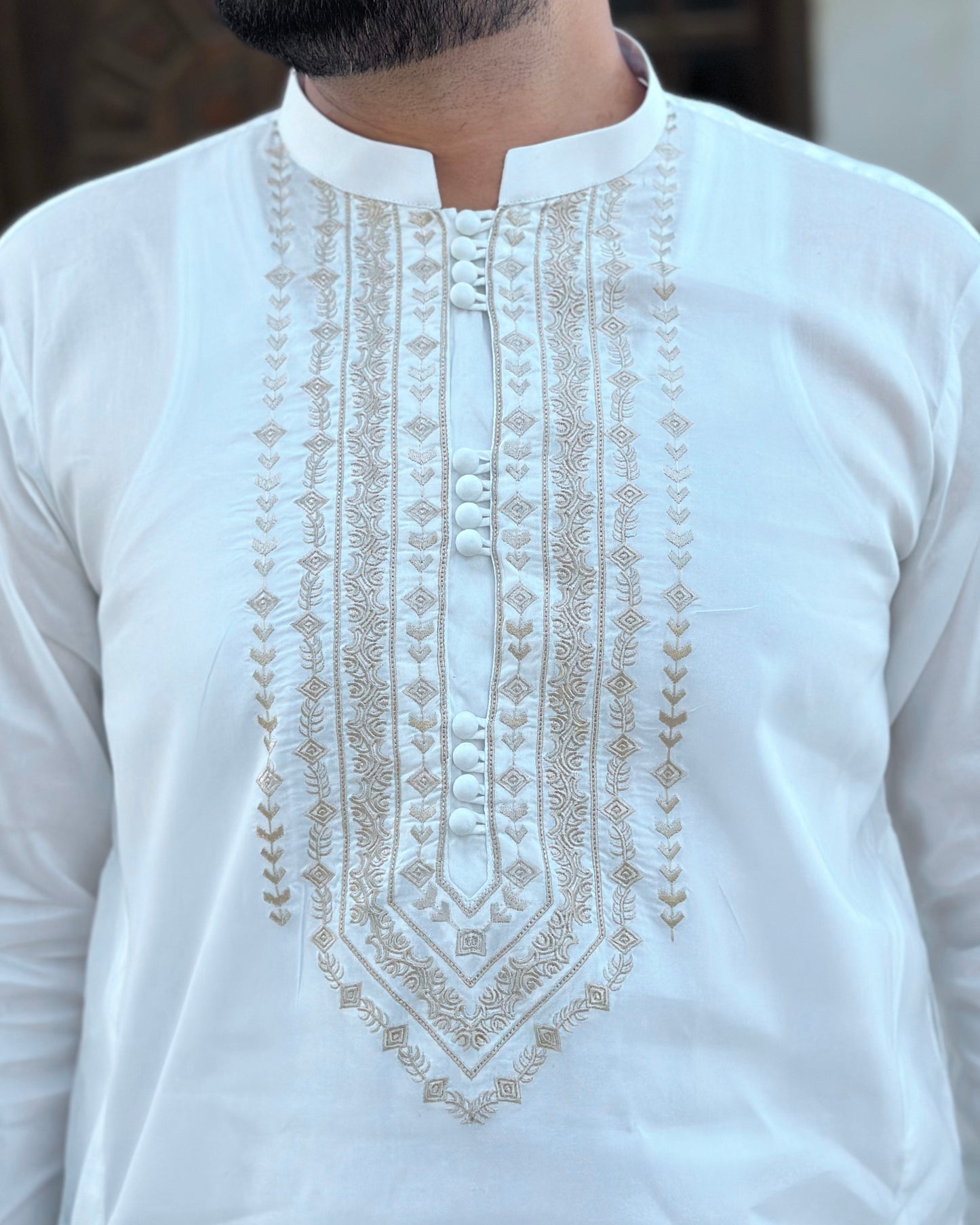 Off White Cotton Shalwar Kameez With Embroidered Chest Gala - Stitched - Mazham