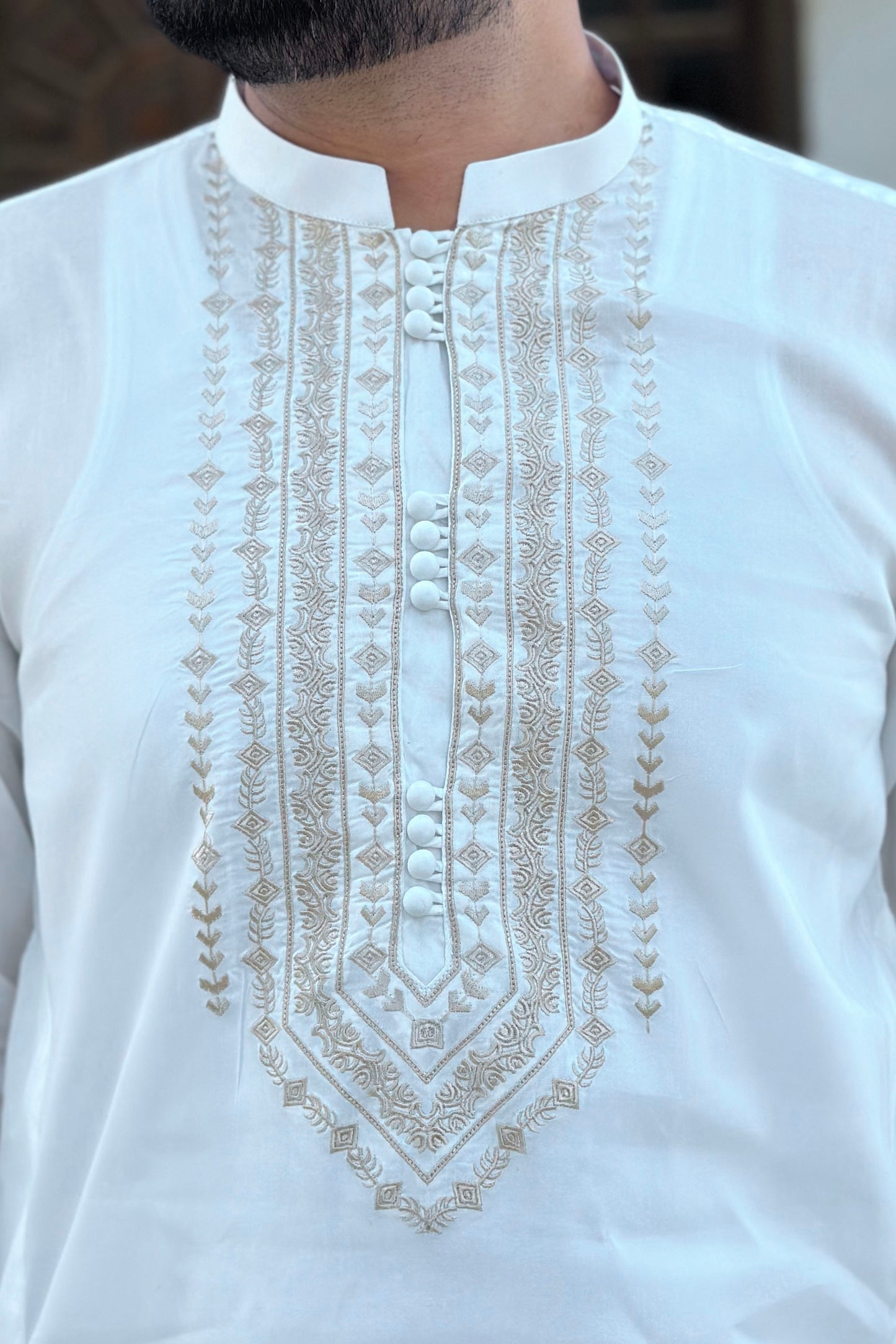 Off White Cotton Shalwar Kameez With Embroidered Chest Gala - Stitched