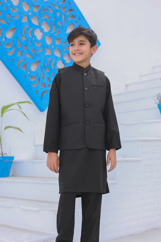Black Kurta Trouser with Suiting Waistcoat - Kids