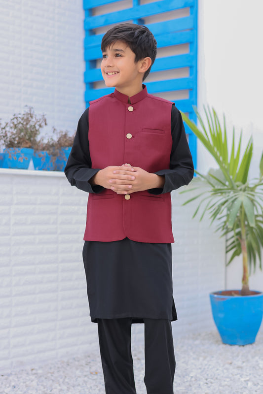 Black Kurta Trouser with Maroon Suiting Waistcoat - Kids