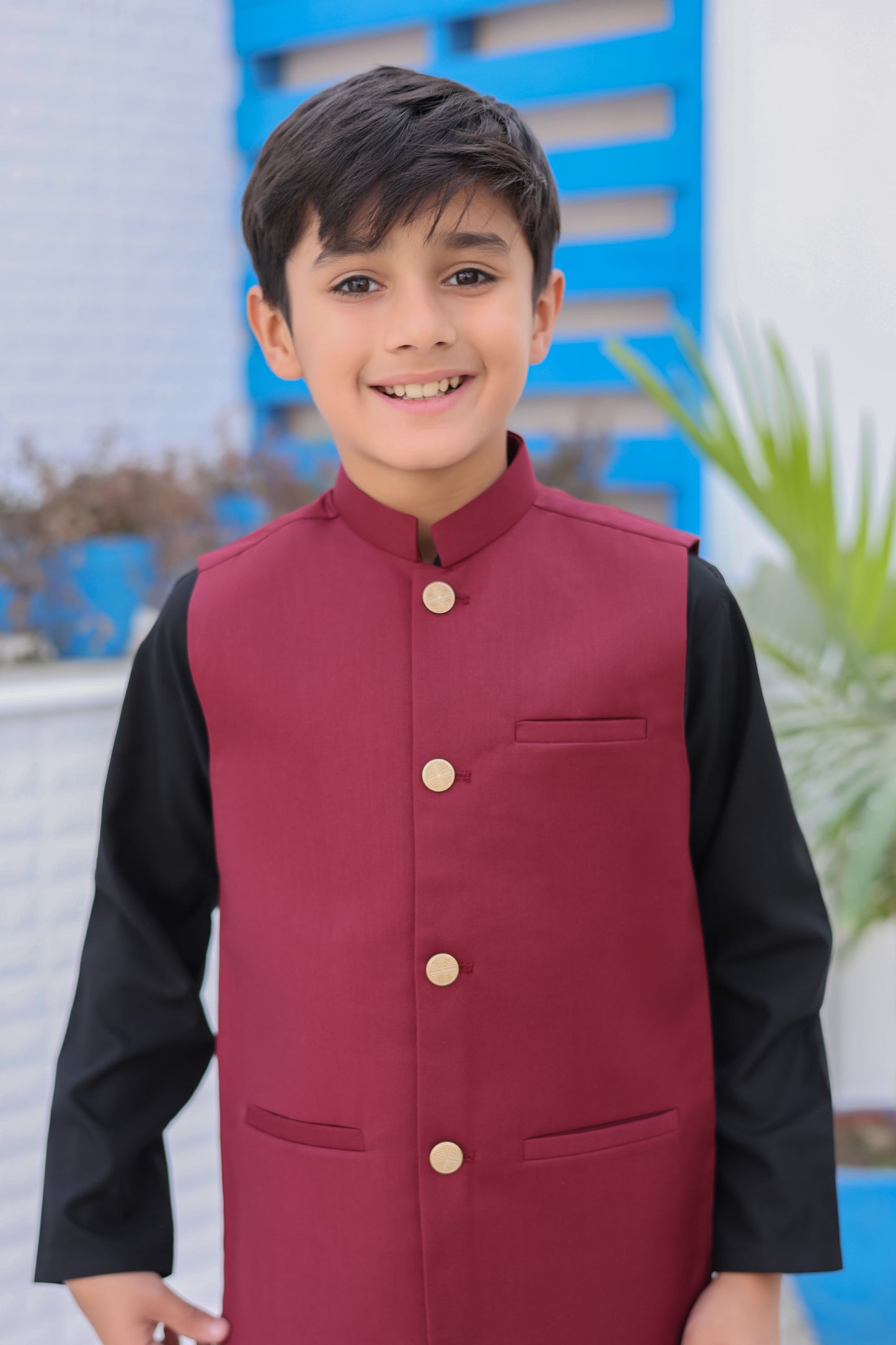 Black Kurta Trouser with Maroon Suiting Waistcoat - Kids
