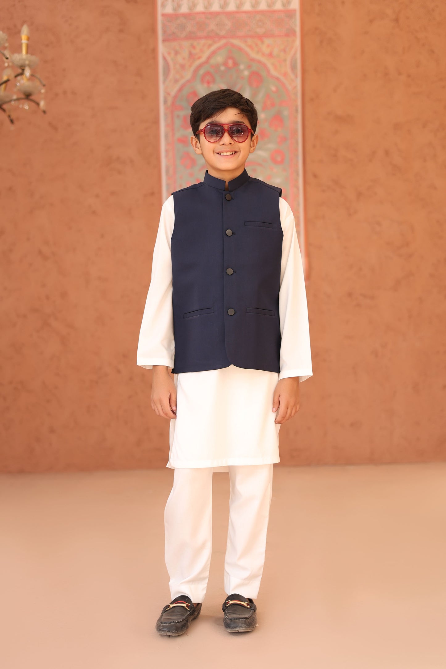 Off White Kurta Trouser with Navy Blue Suiting Waistcoat - Kids
