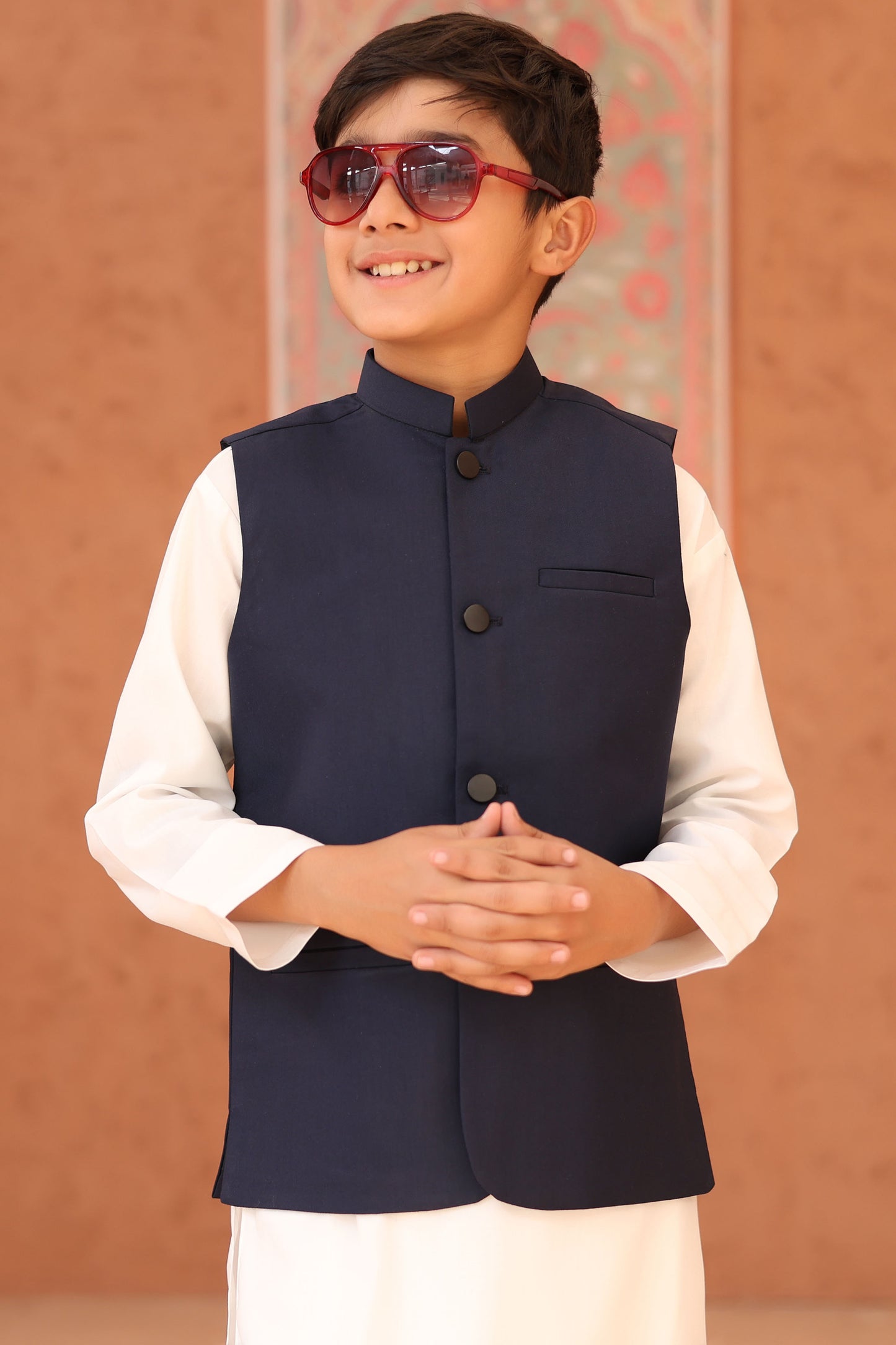 Off White Kurta Trouser with Navy Blue Suiting Waistcoat - Kids