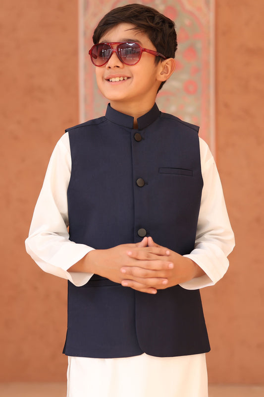 Off White Kurta Trouser with Navy Blue Suiting Waistcoat - Kids