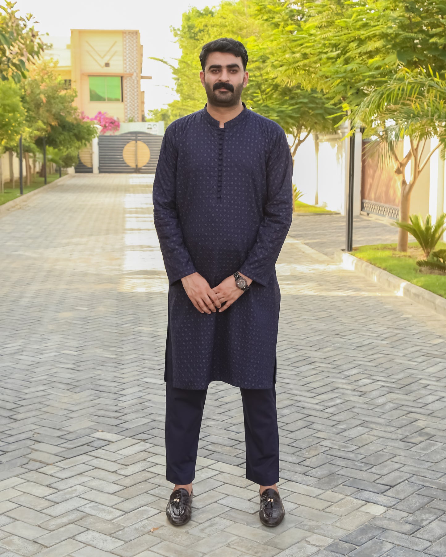 Navy Blue Shalwar Kameez With Embroidered Front & Arm - Stitched