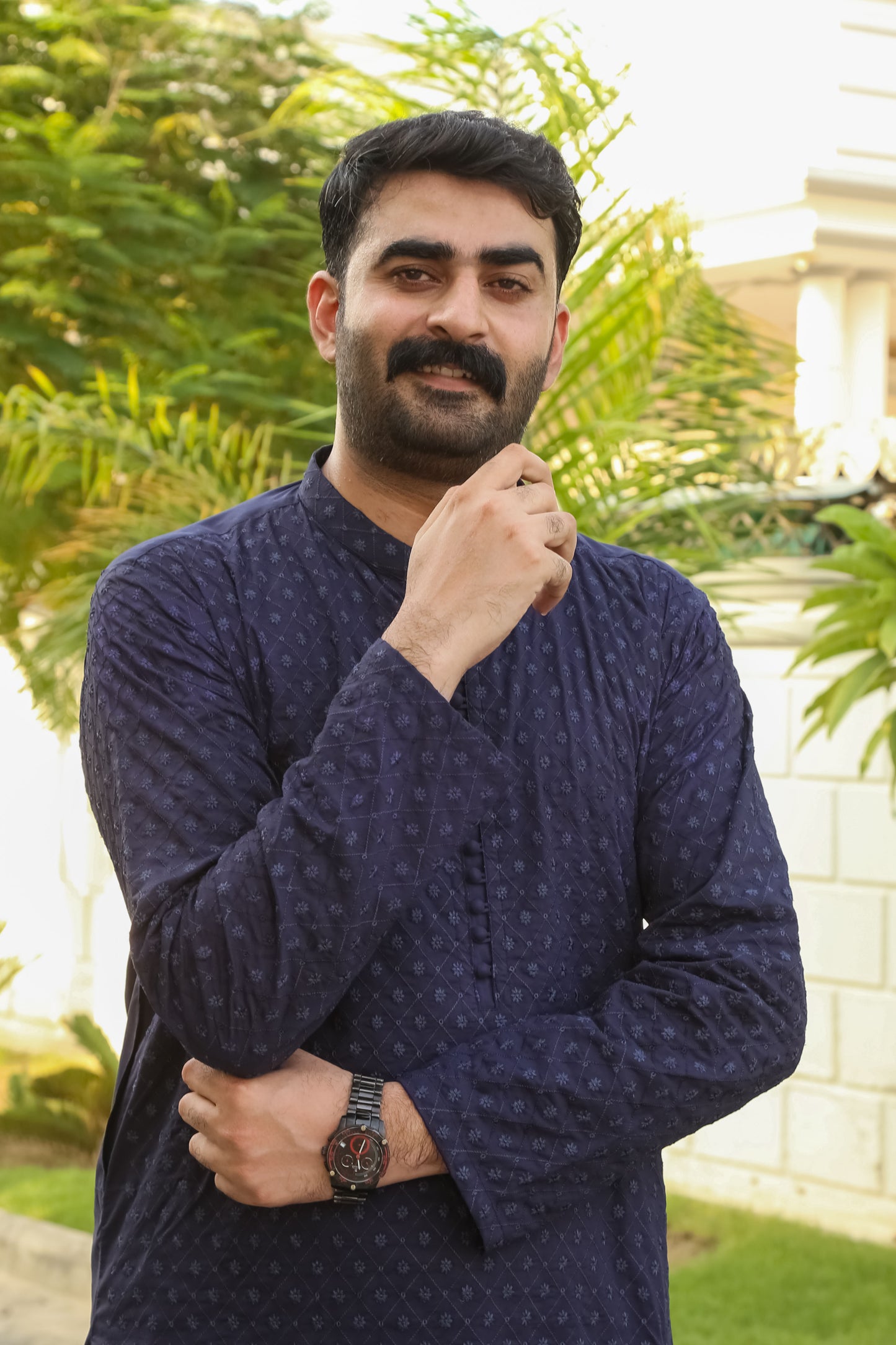 Navy Blue Shalwar Kameez With Embroidered Front & Arm - Stitched