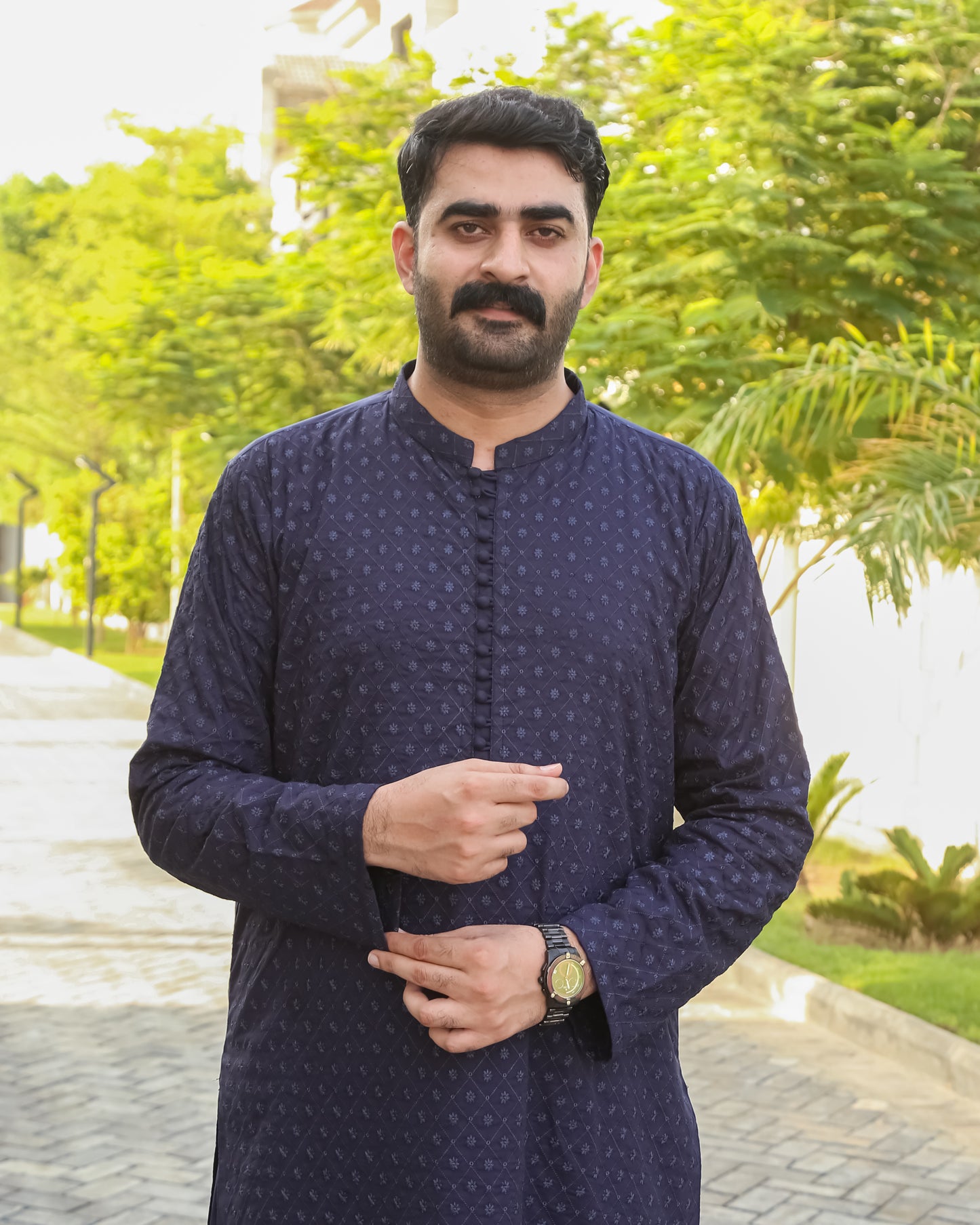 Navy Blue Shalwar Kameez With Embroidered Front & Arm - Stitched