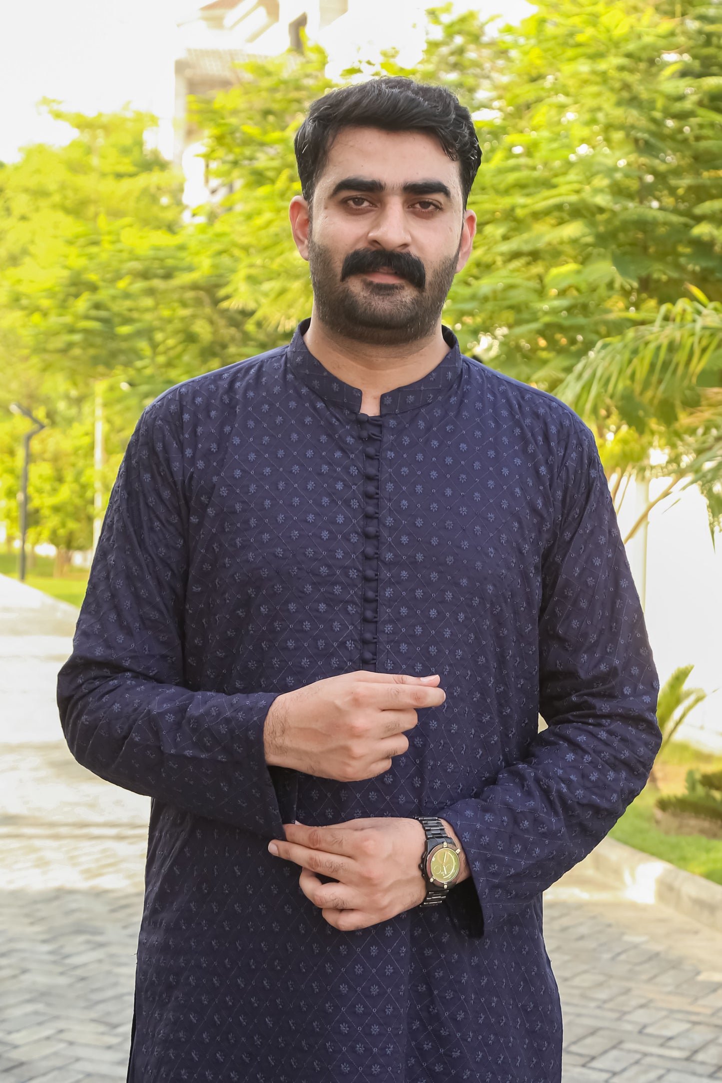 Navy Blue Shalwar Kameez With Embroidered Front & Arm - Stitched