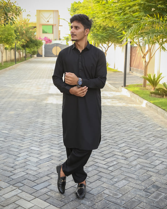 Black French Collar Shalwar Kameez - Stitched