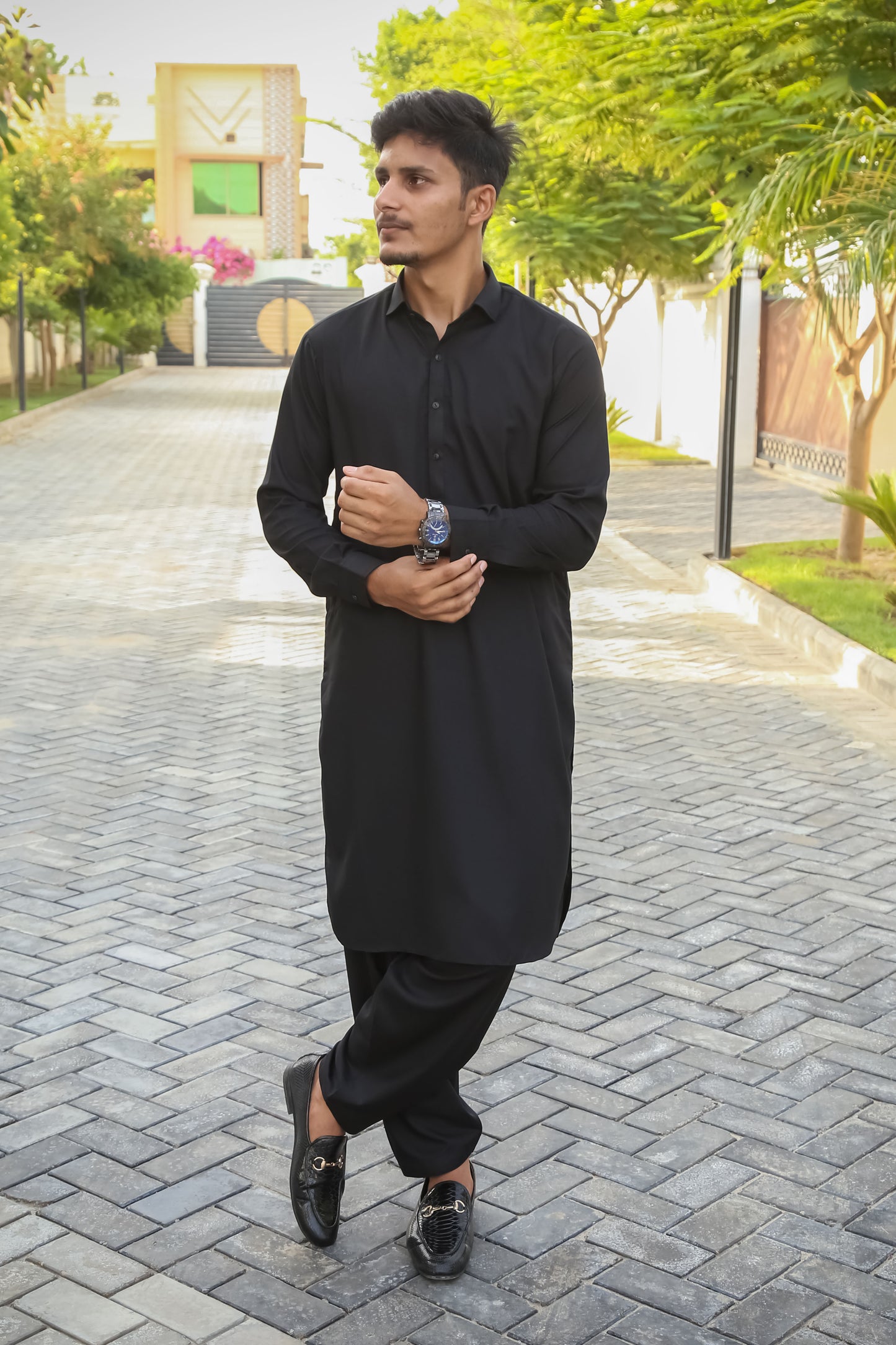 Black French Collar Shalwar Kameez - Stitched