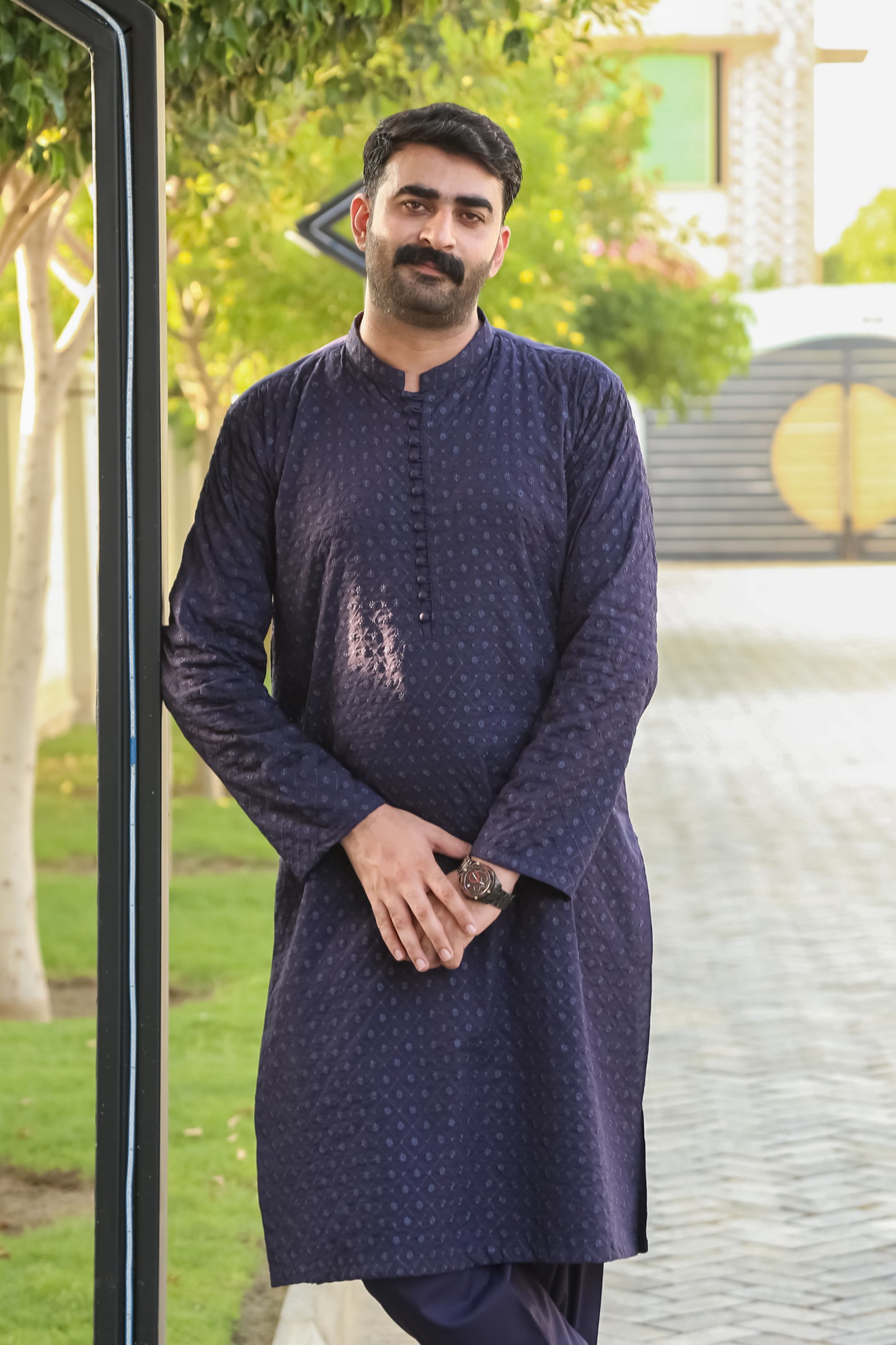 Navy Blue Shalwar Kameez With Embroidered Front & Arm - Stitched