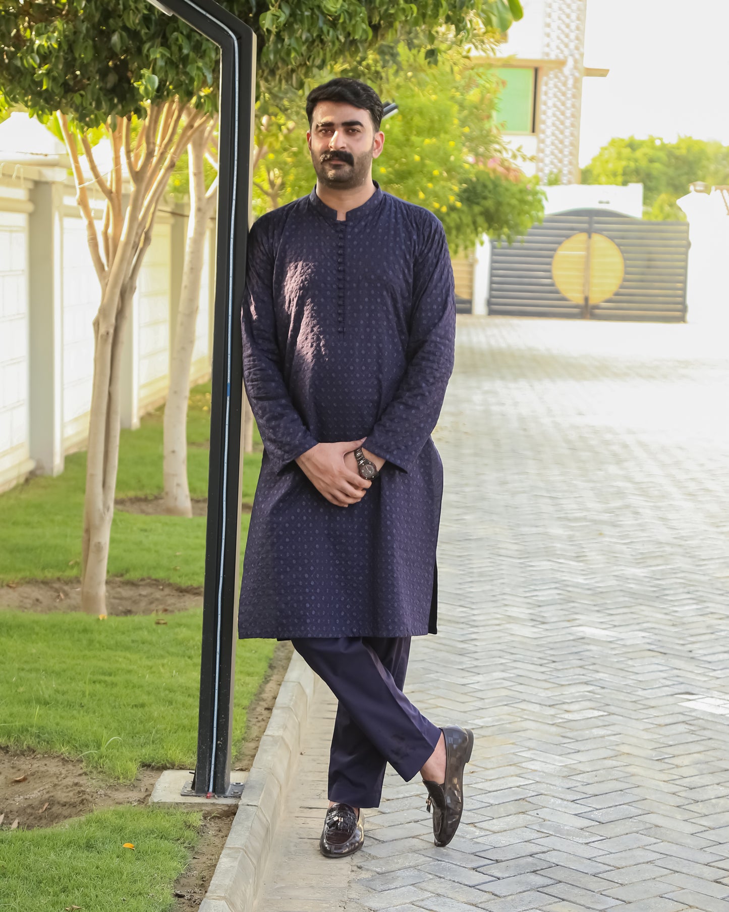 Navy Blue Shalwar Kameez With Embroidered Front & Arm - Stitched