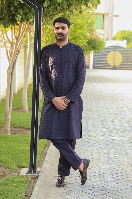 Navy Blue Shalwar Kameez With Embroidered Front & Arm - Stitched