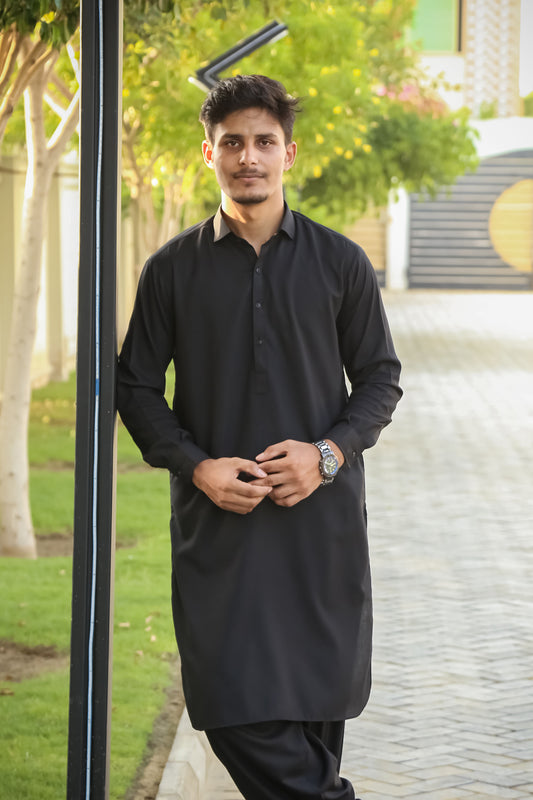 Black French Collar Shalwar Kameez - Stitched