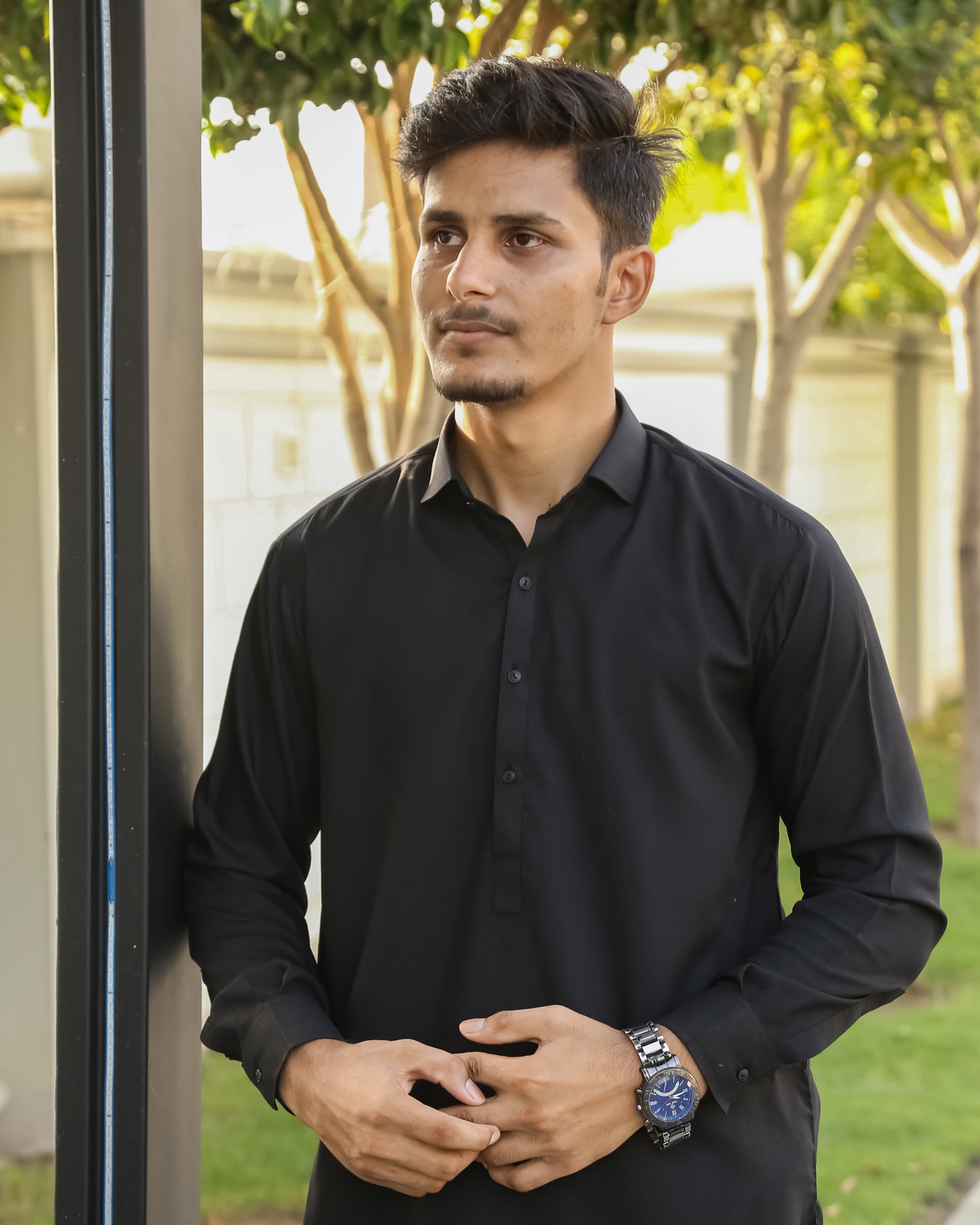 Black French Collar Shalwar Kameez - Stitched