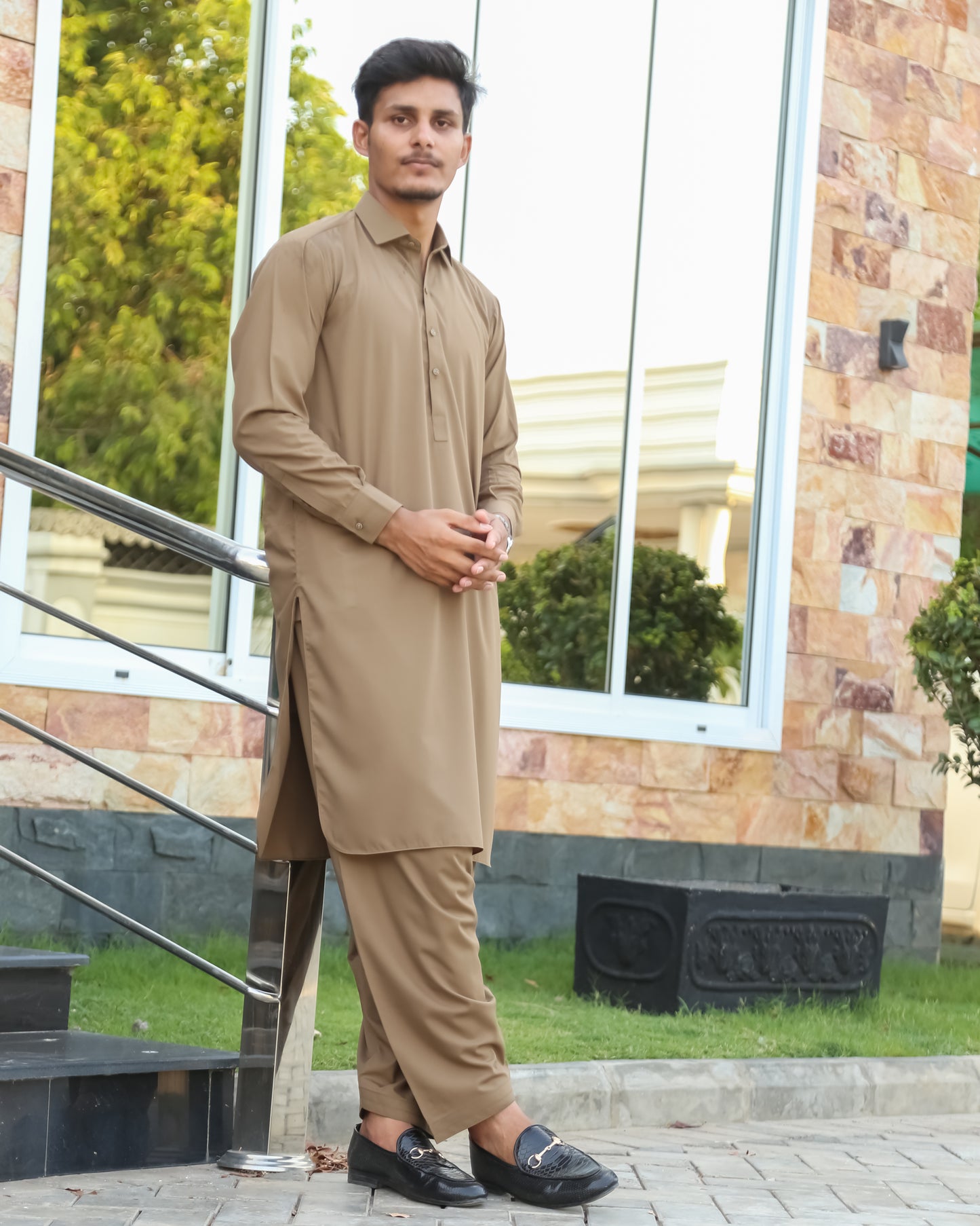 Khaki French Collar Shalwar Kameez - Stitched