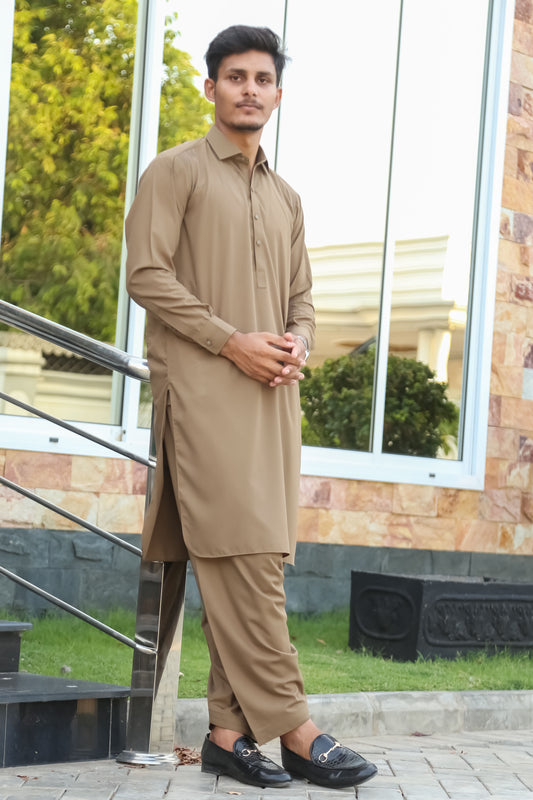 Khaki French Collar Shalwar Kameez - Stitched