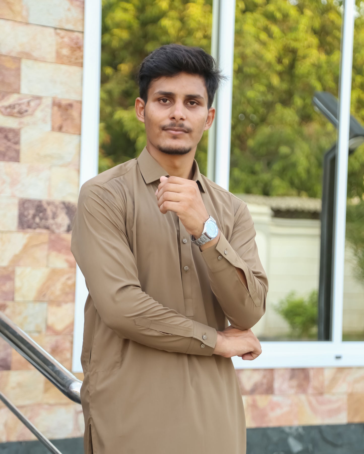 Khaki French Collar Shalwar Kameez - Stitched