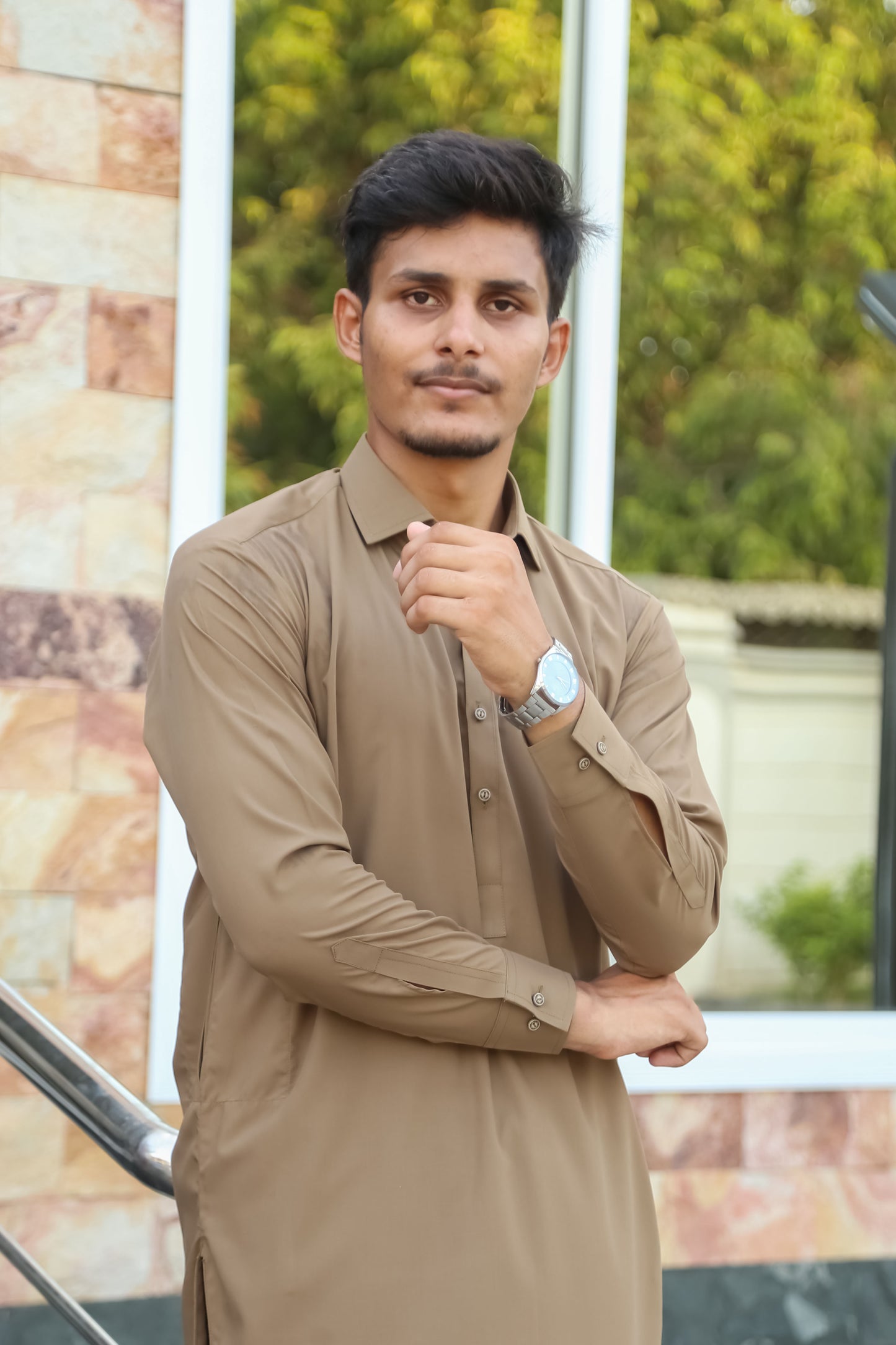 Khaki French Collar Shalwar Kameez - Stitched