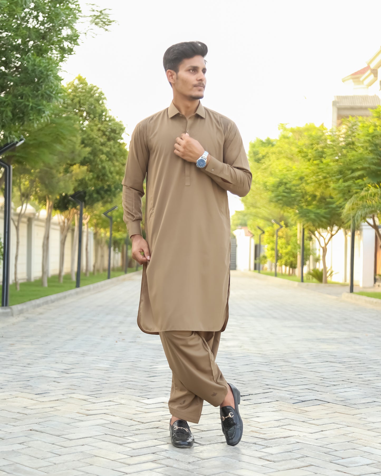 Khaki French Collar Shalwar Kameez - Stitched