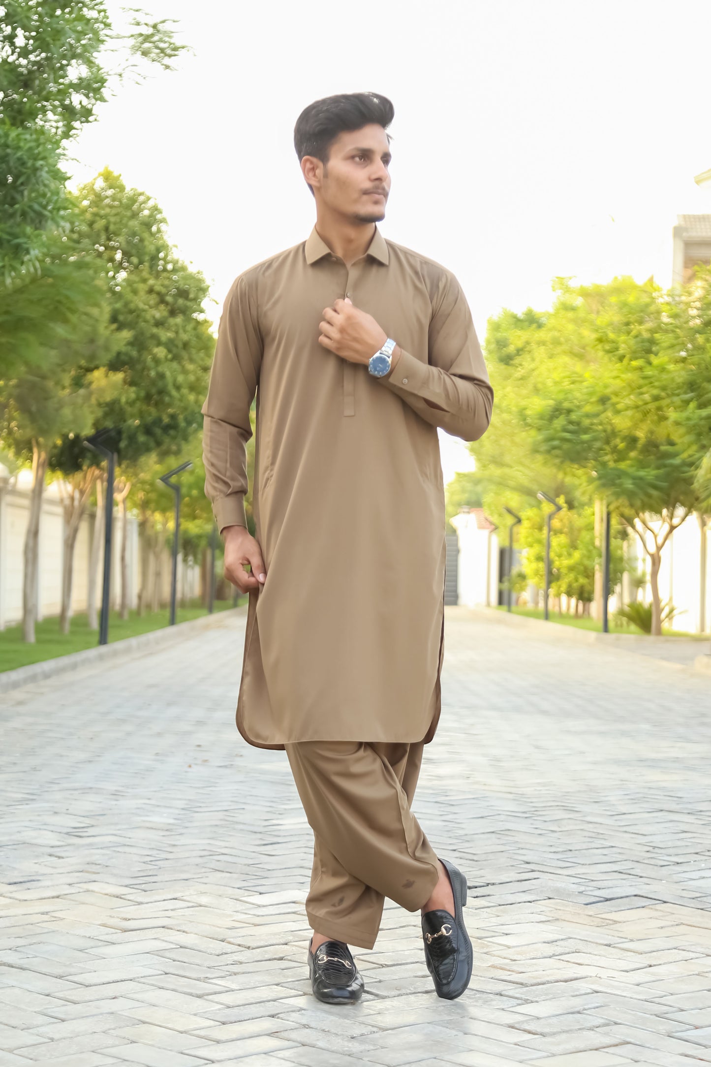 Khaki French Collar Shalwar Kameez - Stitched