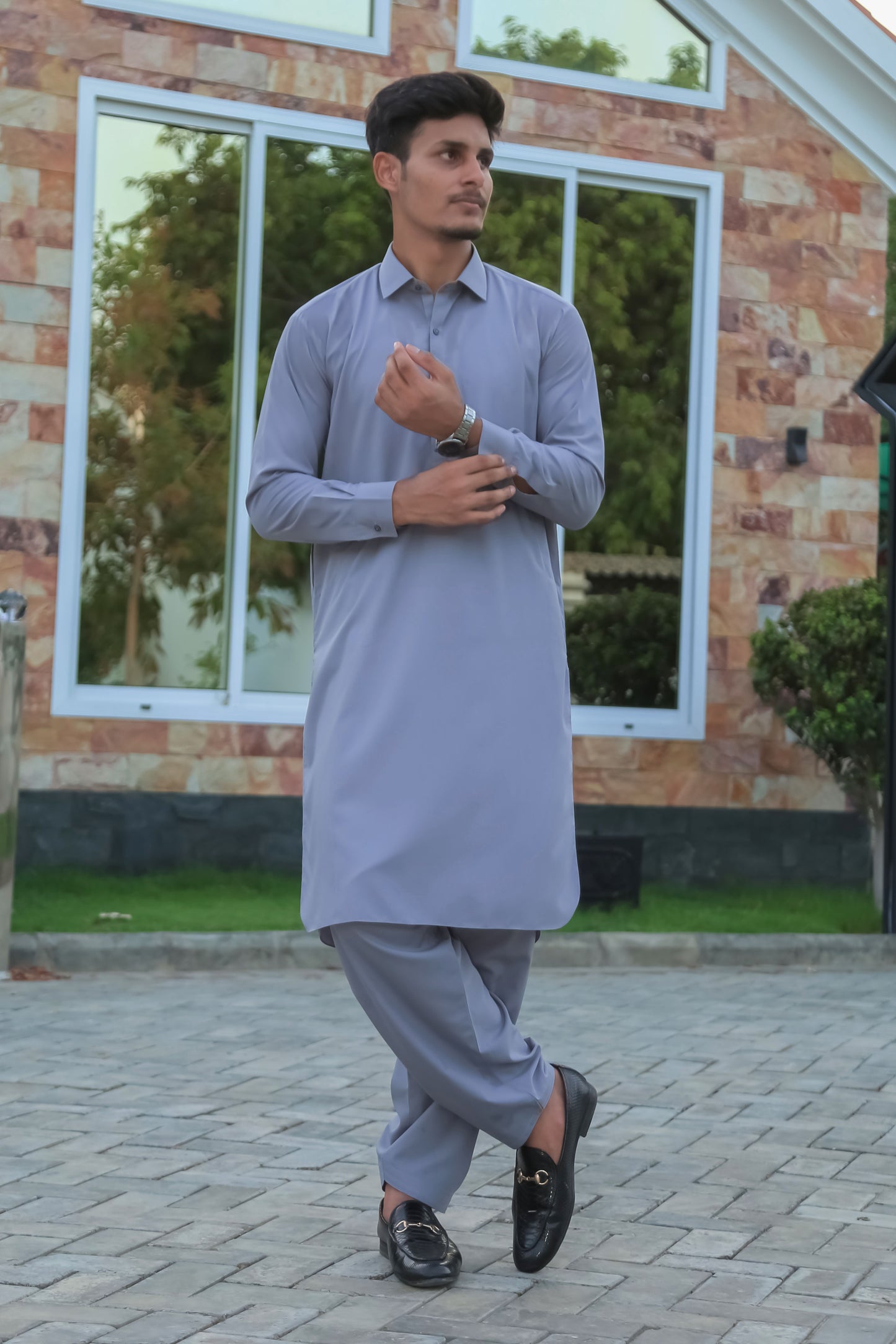Silver Gray French Collar Shalwar Kameez - Stitched