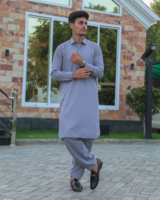 Sliver Gray French Collar Shalwar Kameez - Stitched