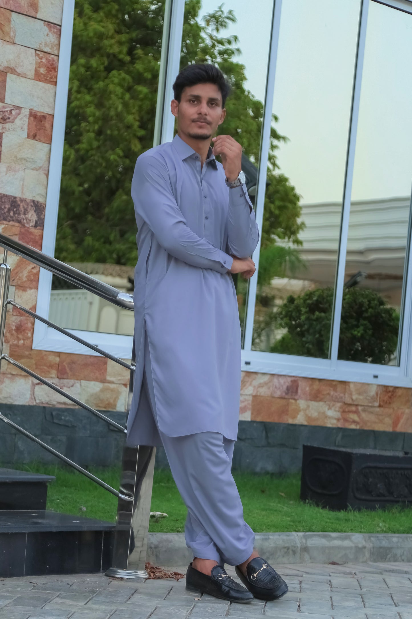 Silver Gray French Collar Shalwar Kameez - Stitched
