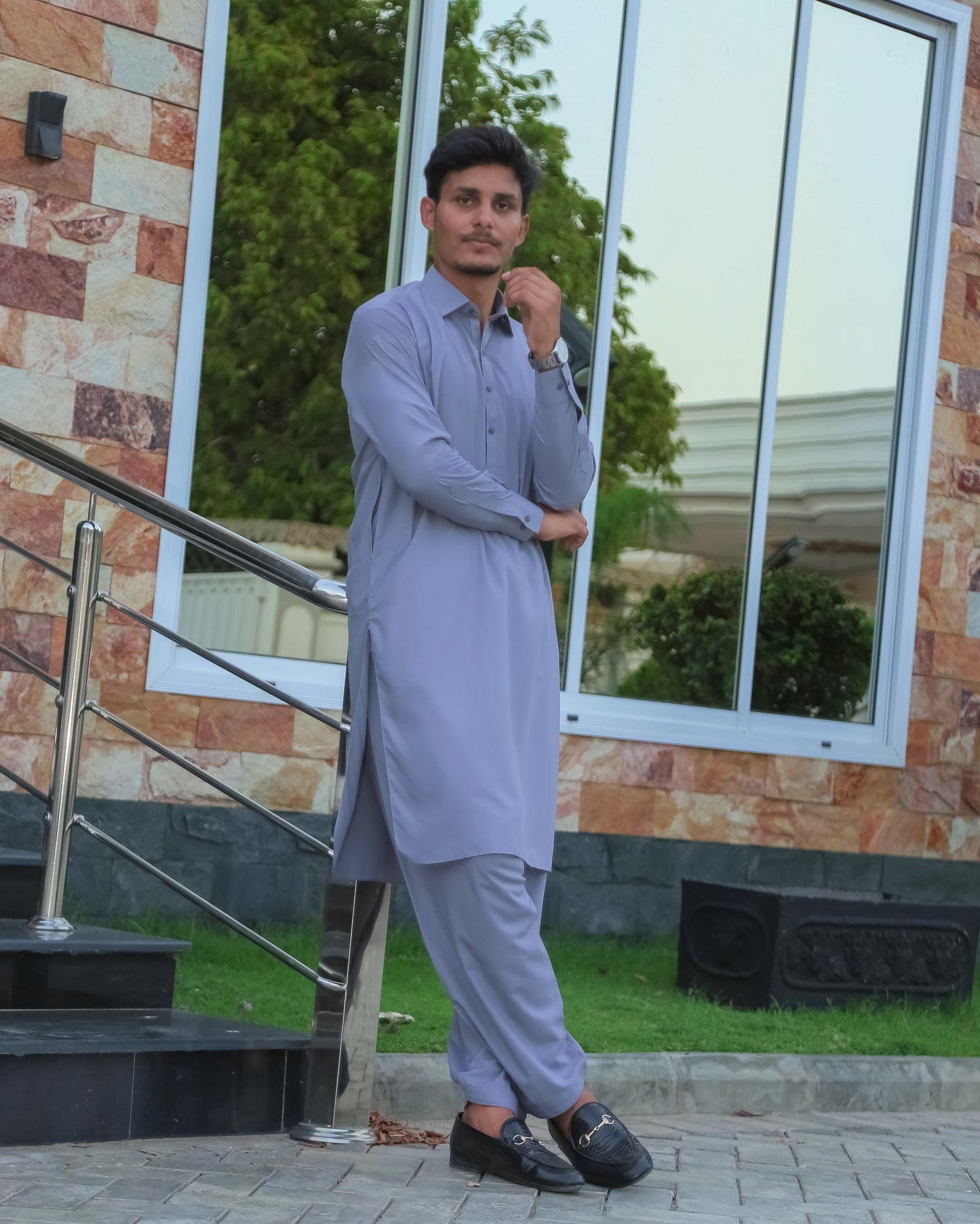 Sliver Gray French Collar Shalwar Kameez - Stitched