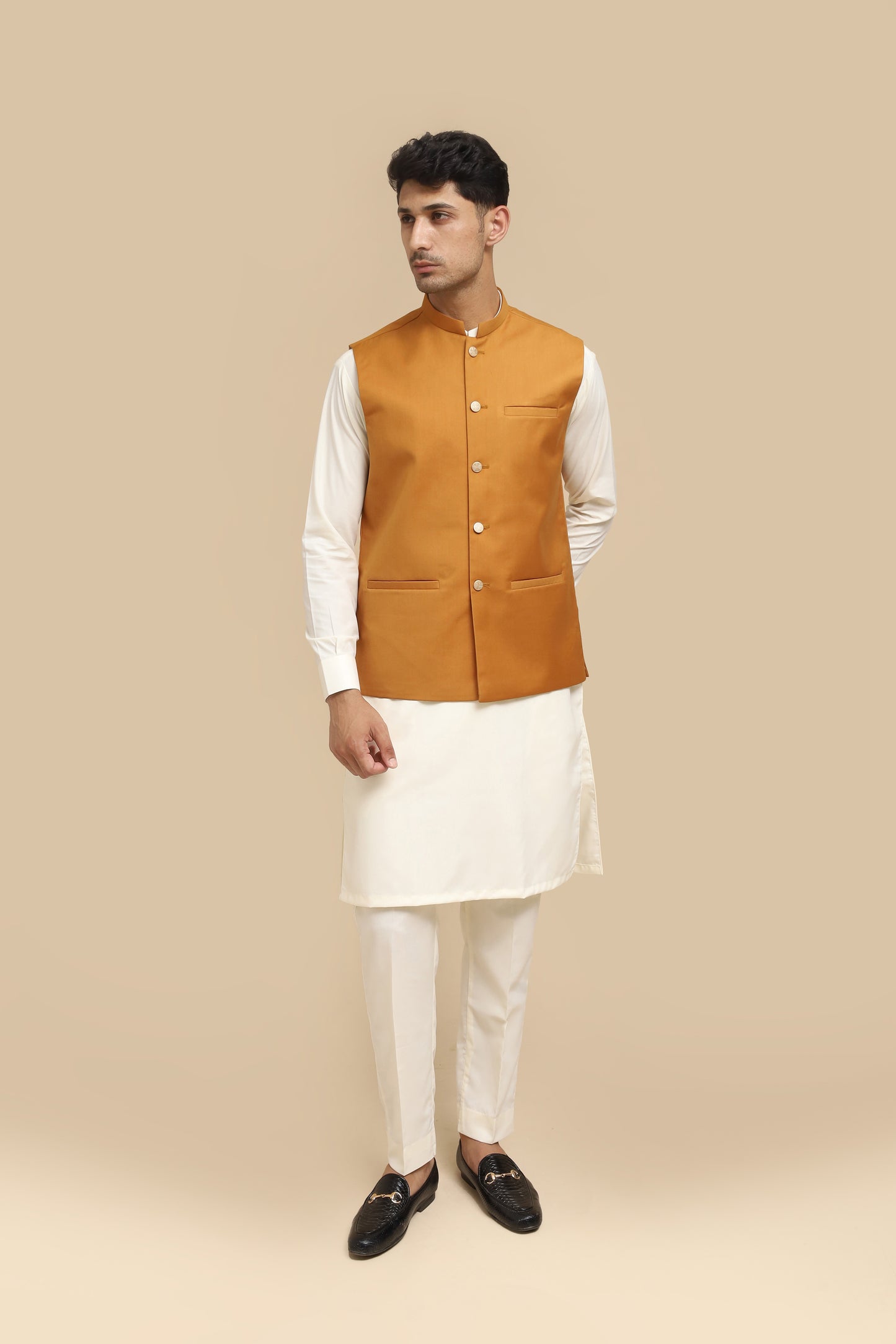 Bosky Kurta Trouser with Camel Suiting Waistcoat - Straight Cut - Men