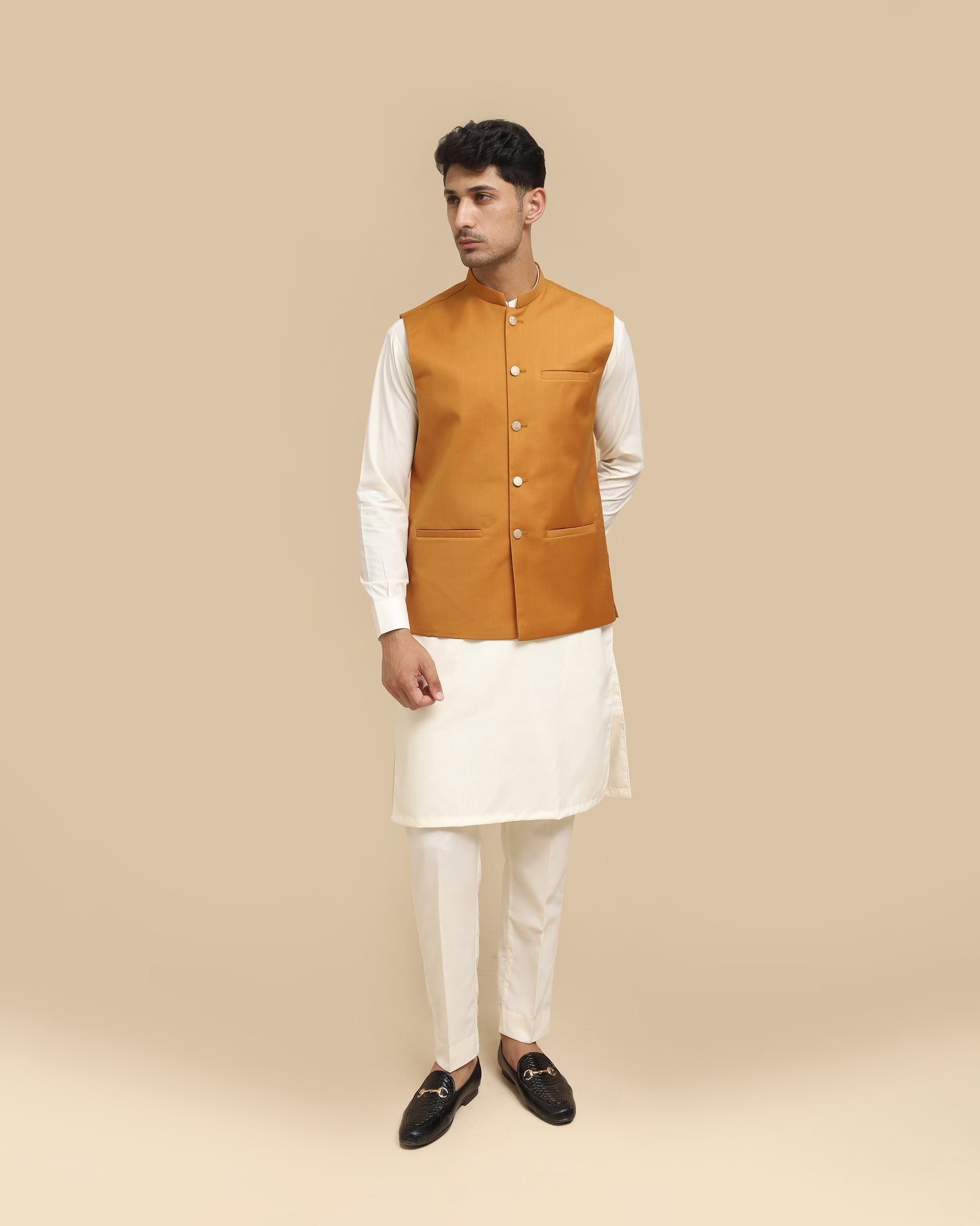 Bosky Kurta Trouser with Camel Suiting Waistcoat - Straight Cut - Men