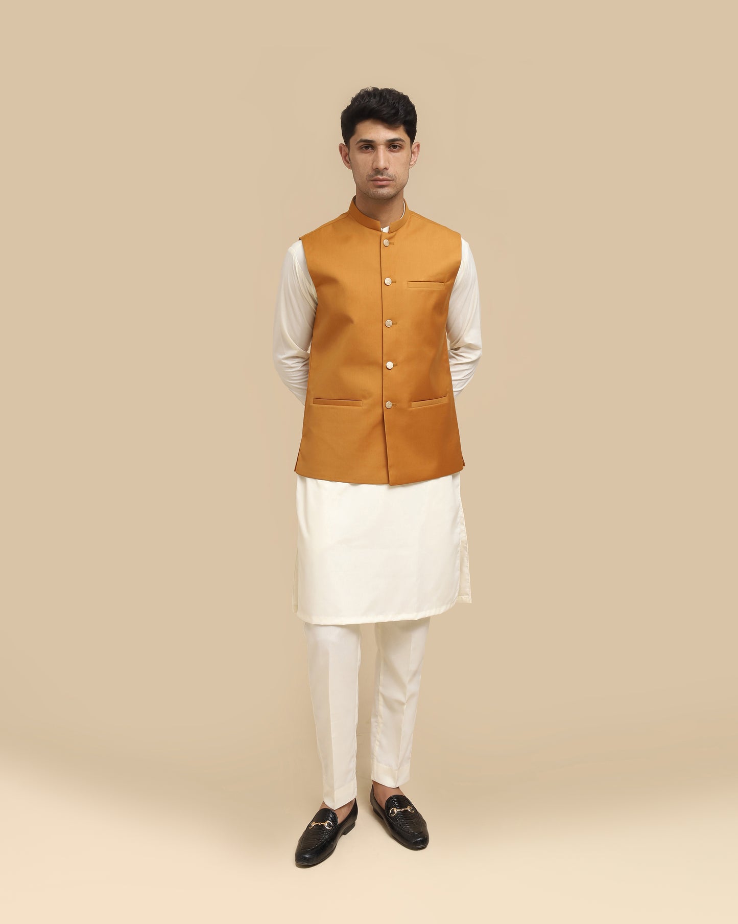 Bosky Kurta Trouser with Camel Suiting Waistcoat - Straight Cut - Men
