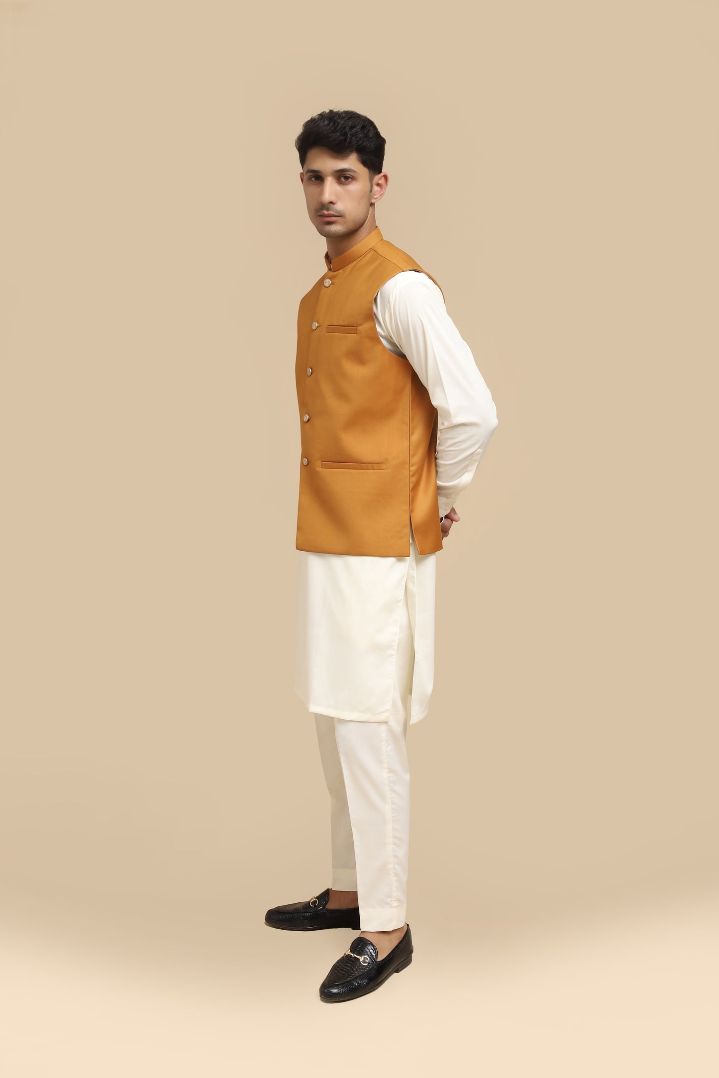 Bosky Kurta Trouser with Camel Suiting Waistcoat - Straight Cut - Men