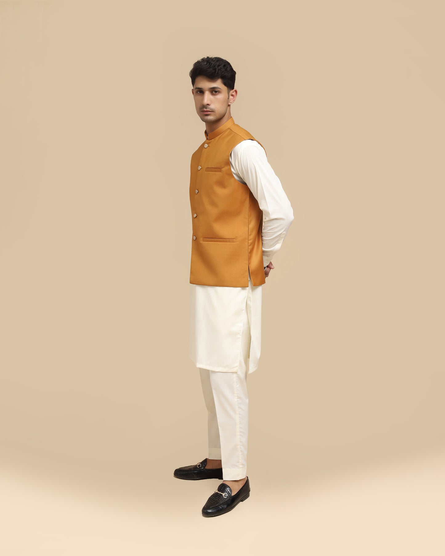 Bosky Kurta Trouser with Camel Suiting Waistcoat - Straight Cut - Men