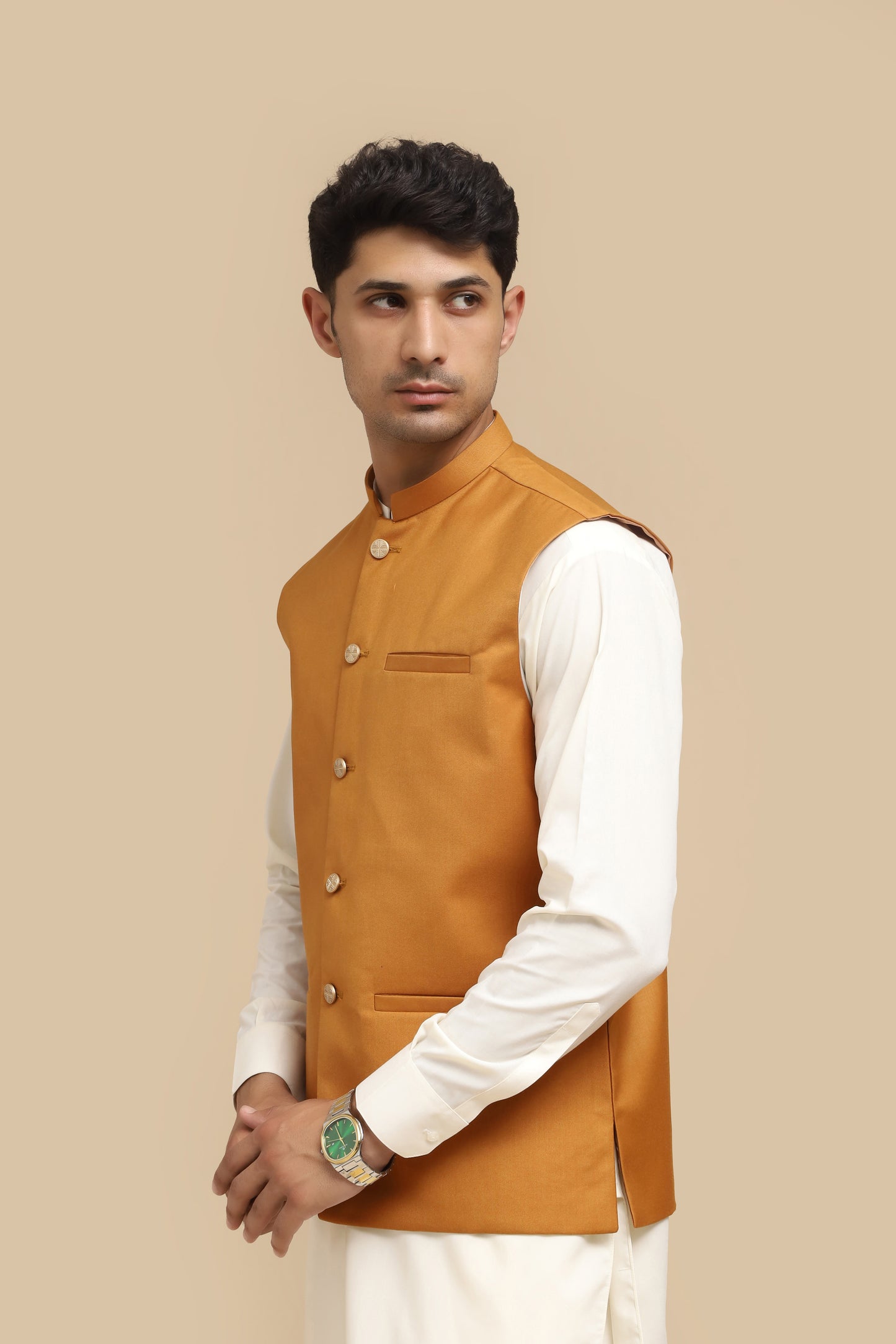 Bosky Kurta Trouser with Camel Suiting Waistcoat - Straight Cut - Men