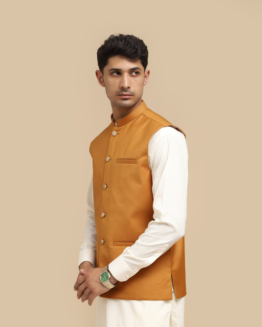 Camel Suiting Waistcoat - Straight Cut Buttoned - Men
