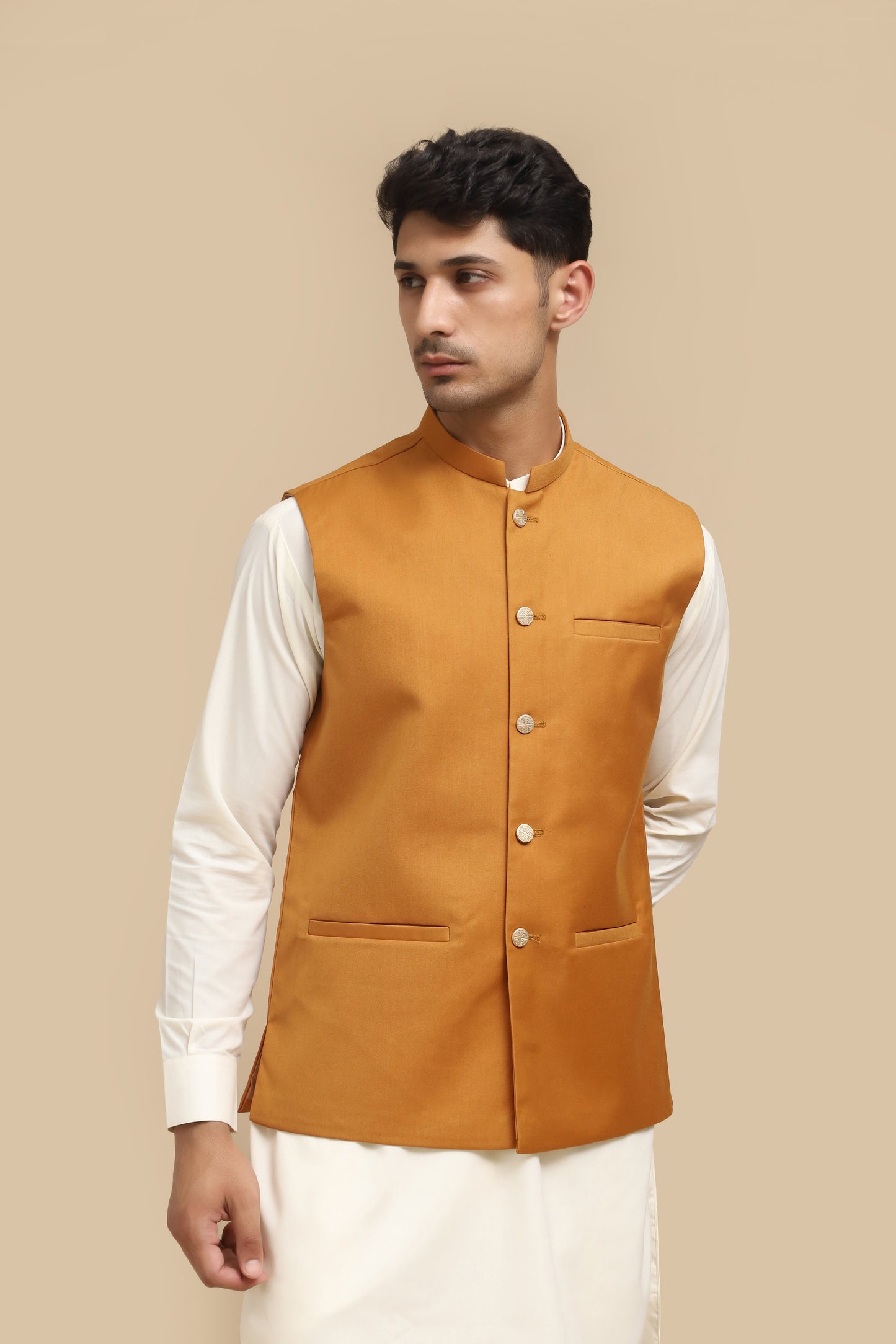 Bosky Kurta Trouser with Camel Suiting Waistcoat - Straight Cut - Men
