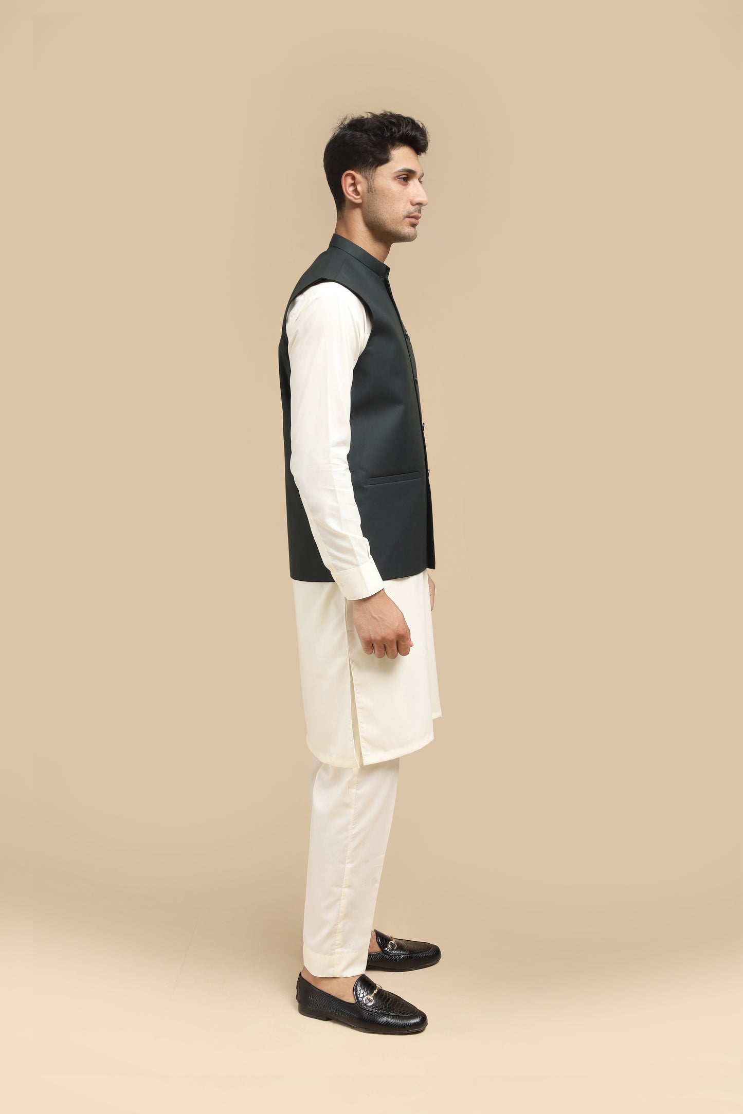 Bosky Kurta Trouser with Army Green Suiting Waistcoat - Straight Cut - Men