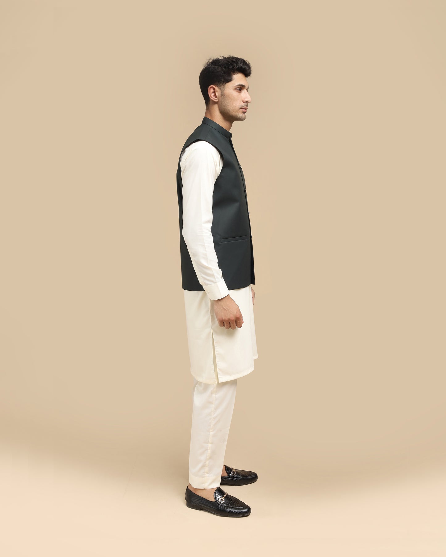 Army Green Suiting Waistcoat - Straight Cut Buttoned - Men