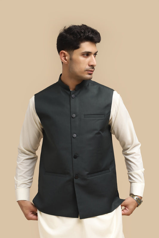 Army Green Suiting Waistcoat - Straight Cut Buttoned - Men